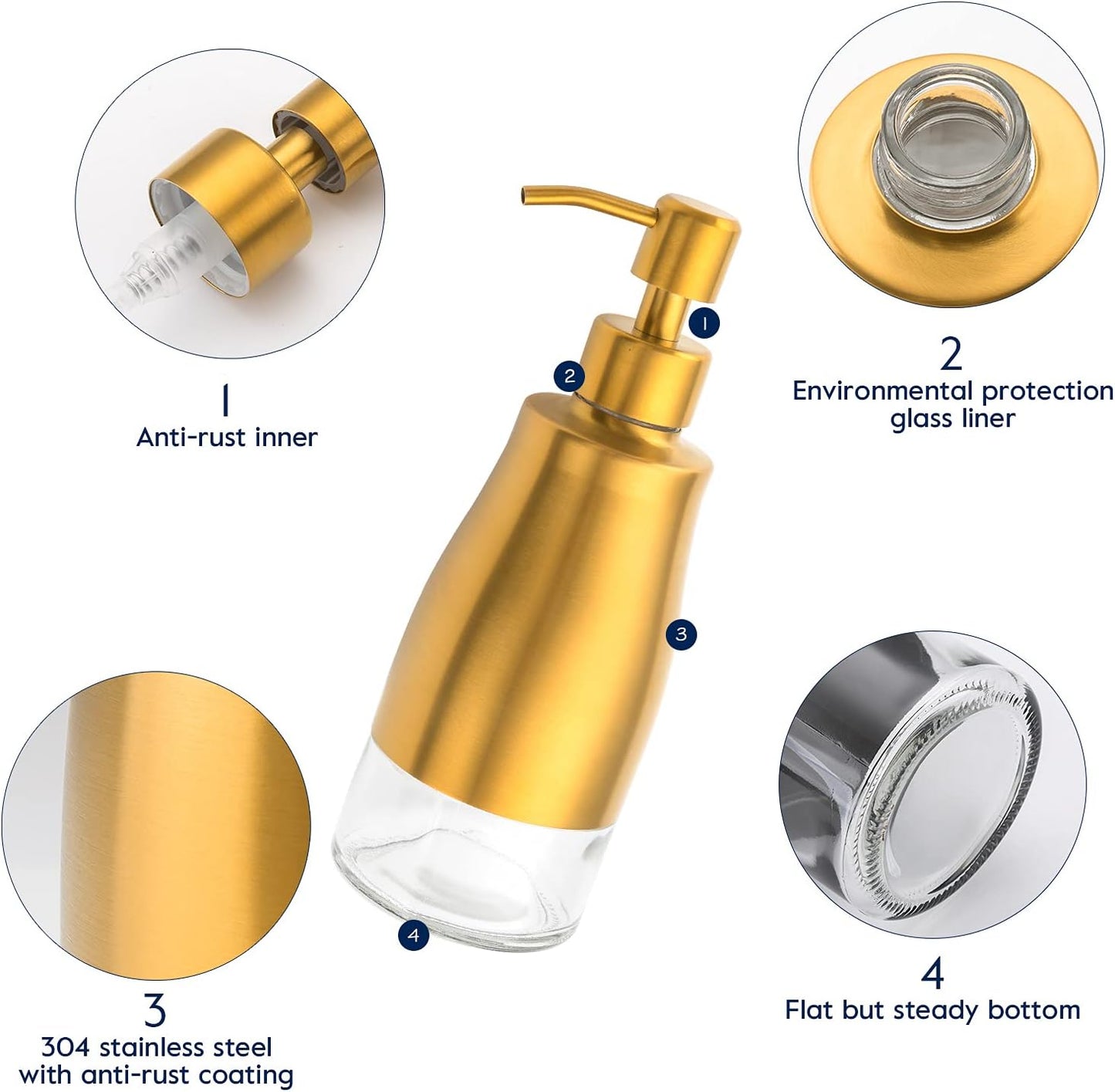 Soap Dispenser with Coaster and Stickers, Brushed Gold Stainless Steel Glass Hand Pump Dispenser, Anti Rust Bottle, for Kitchen & Bathroom Detergent Bottle，Refillable Hand Liquid Dispenser