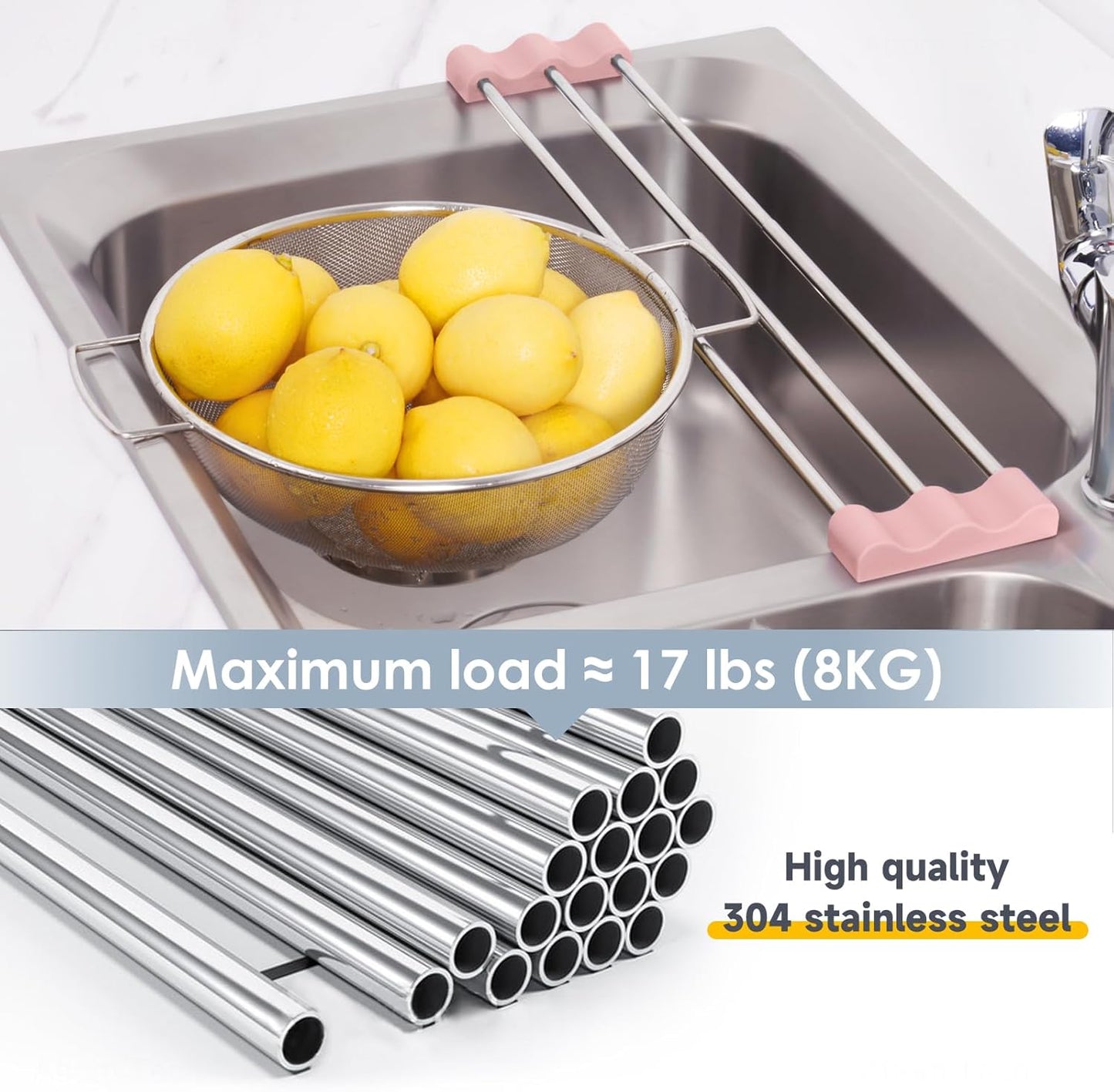 Tomorotec Adjustable Over-The-Sink Kitchen Rack for Dishcloths, Sponges, Bottles and Brushes - Heat-Resistant Stainless Steel with Slim, Expandable Design and Multifunctional Silicone Holder