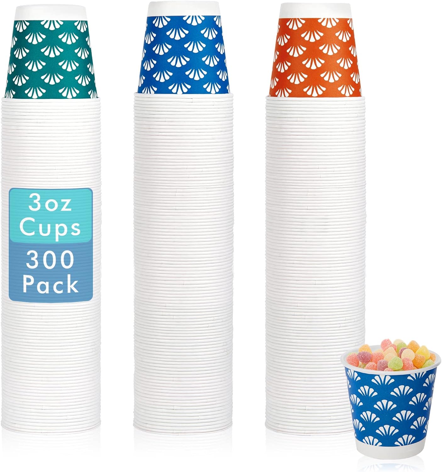 JollyPack 300 Pack 3 oz Disposable Bathroom Paper Cups, Small Mouthwash Cups in Orange, Blue, and Green, Great for Candy, Biscuits, Bathroom Use, Parties, Picnics, and Travel