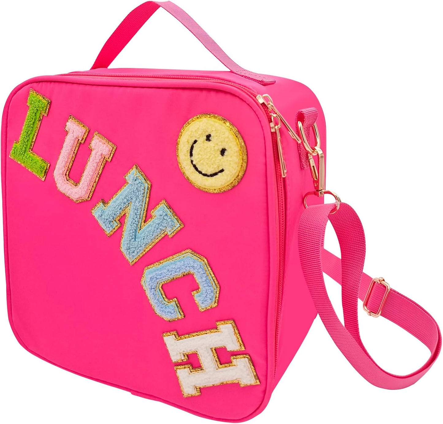 Insulated Lunch Bag With Adjustable Shoulder Strap, Nylon Preppy Lunch Box Large Insulated Lunch Bag Reusable Lunch Tote Bag with Smiley Preppy LunchBag for Girls School Travel Picnic (Rosy Red)