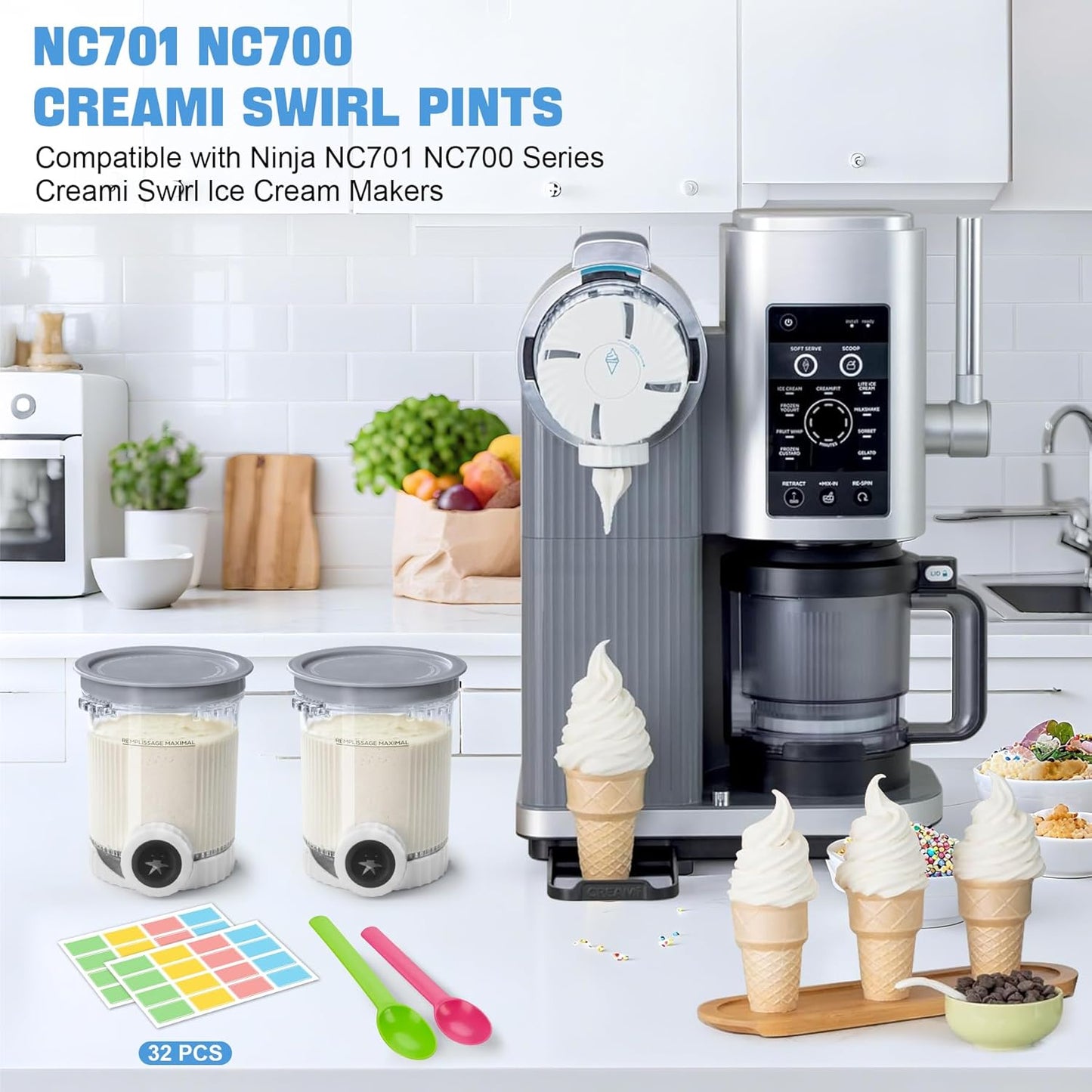 2 Pack Creami Swirl Pints & Lids for Ninja, Compatible with NC700 Series Ninja Swirl Ice Cream & Soft Serve Makers, with 2 Spoons & 32 Writable Labels, BPA-Free & Dishwasher Safe, Grey Lids