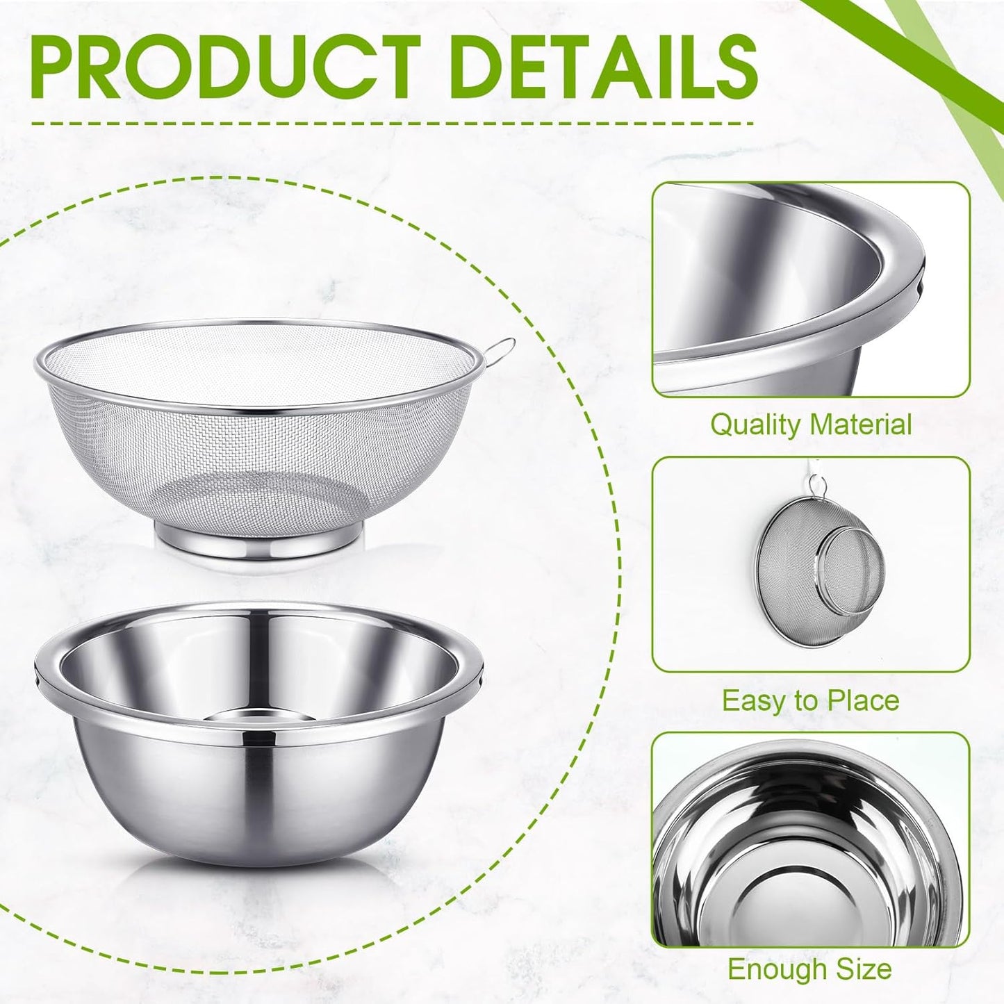 8 Pcs Stainless Steel Microporous Colander Set with 1.2qt 2qt 3qt 5qt Capacity Strainer with Metal Mixing Bowls, Fruit Cleaning Bowl with Strainer for Draining Pasta Vegetables Meat Kitchen