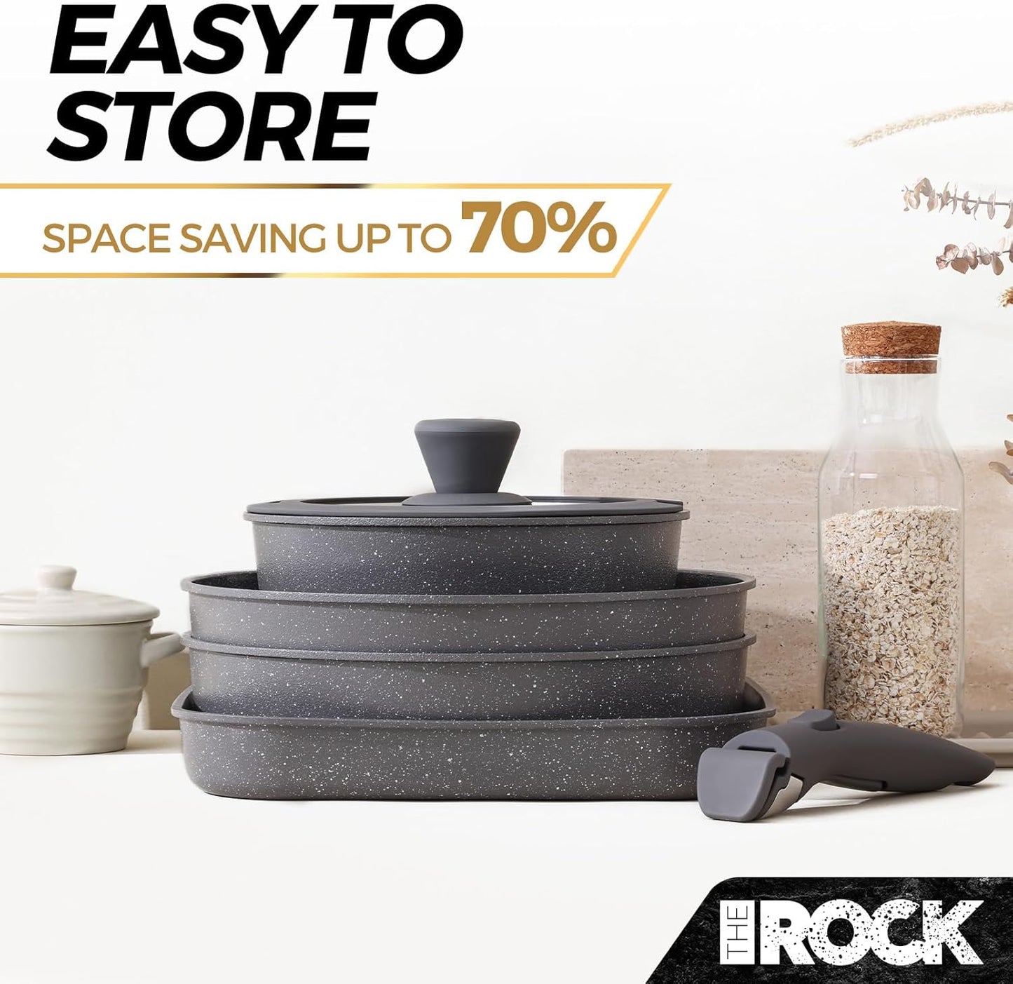 THE ROCK SMART SPACE Ceramic 16pc Nonstick Pots and Pans Set with ROCK.TEC, Cookware Set with Detachable Handles, Scratch/Stain/Crack Proof, Oven & Dishwasher Safe, PFAS & PFOA Free, Grey