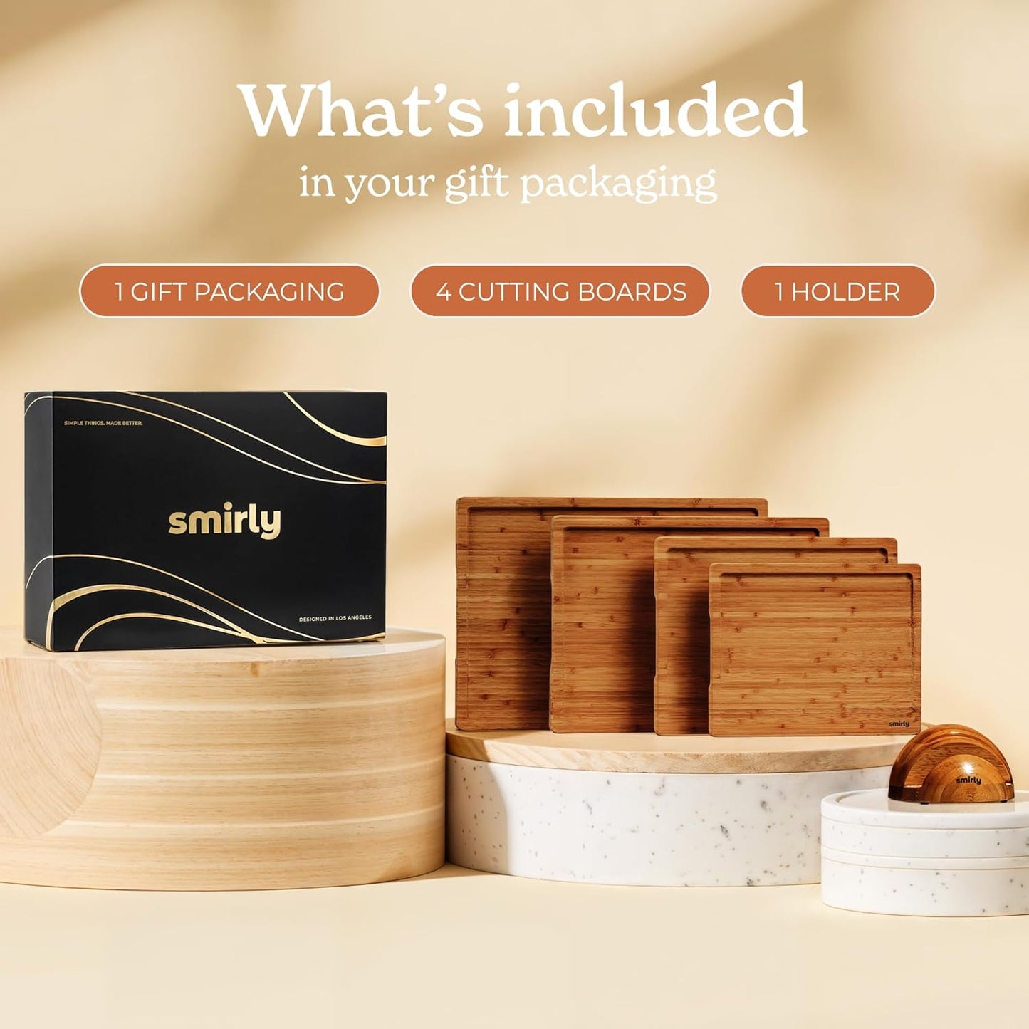 SMIRLY Bamboo Cutting Boards, Brown Bamboo Wood Cutting Board for Kitchen, Set of 4 with Holder & Deep Juice Groove, Butcher Block for Chopping Meat, Charcuterie Cheese Serving Tray, Kitchen Gadgets