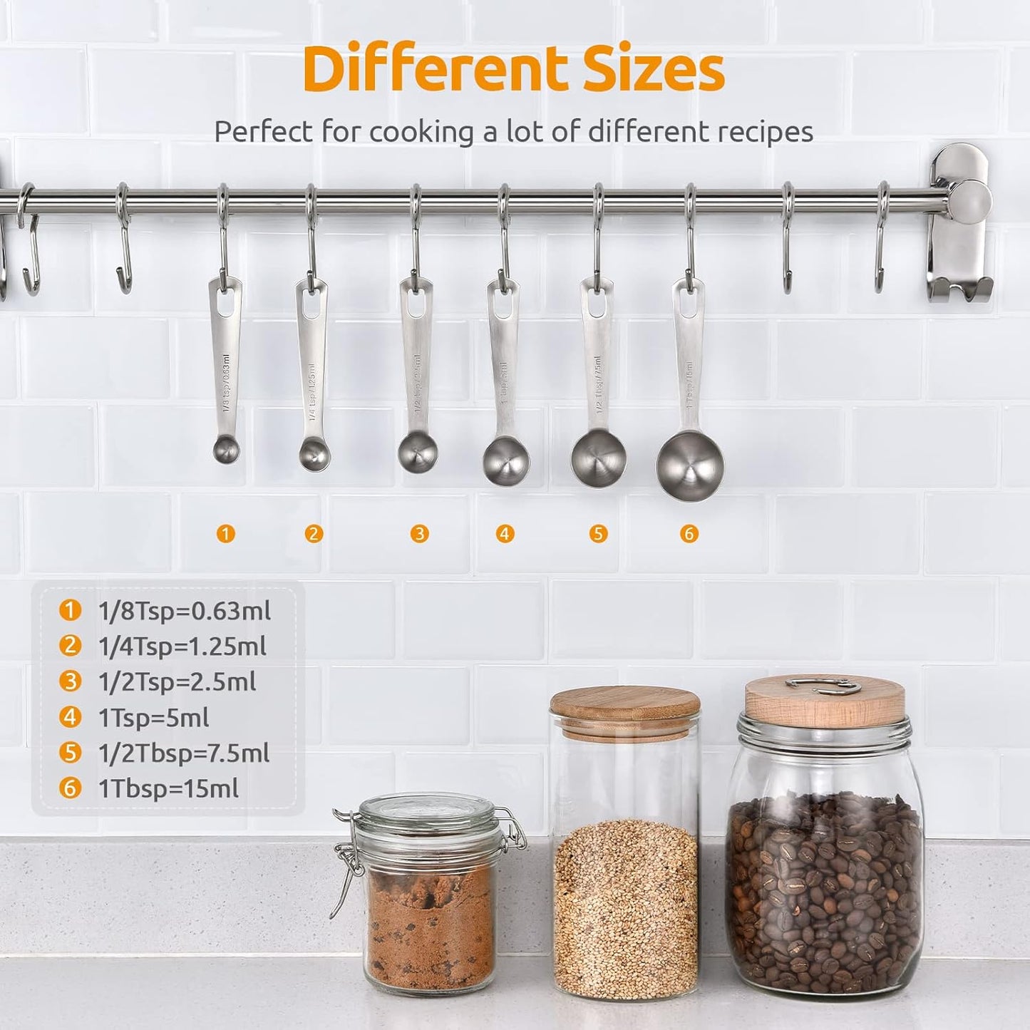 Measuring Spoons: U-Taste 18/8 Stainless Steel Measuring Spoons Set of 6 Piece: 1/8 tsp, 1/4 tsp, 1/2 tsp, 1 tsp, 1/2 tbsp & 1 tbsp Dry and Liquid Ingredients