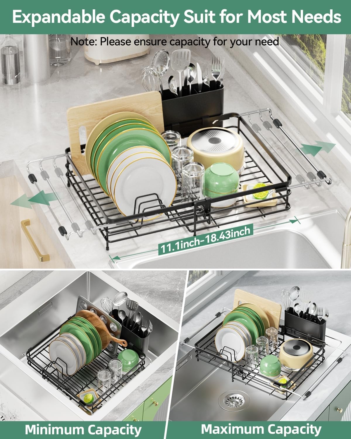 Expandable in Sink Dish Drying Rack - Adjustable Capacity (11.1''-18.43 ''L) Over Sink Dish Drainer Drying Rack for Kitchen Counter, Dish Rack with Utensil Holder