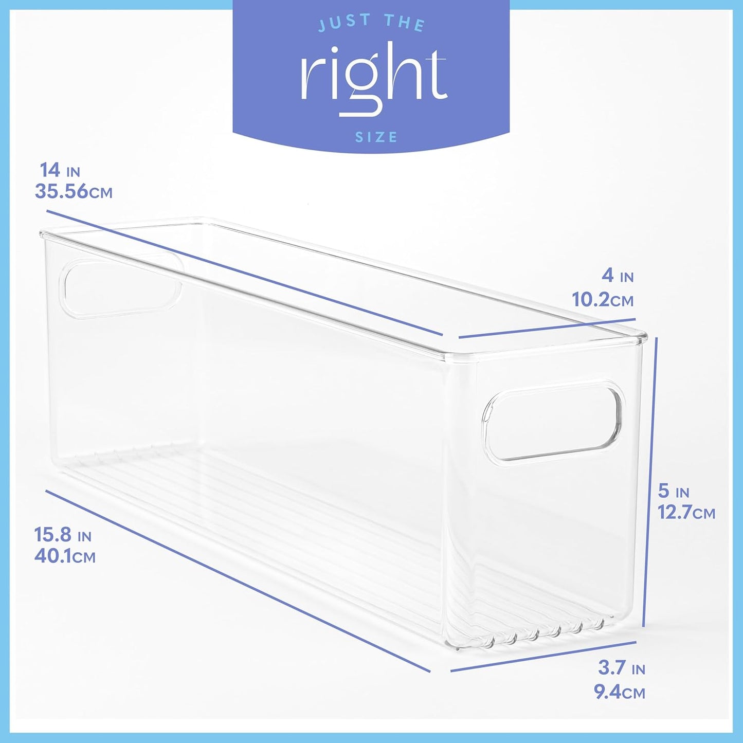 Plastic Food Storage 4 Pack Clear Container Bin with Handles for Organizing Kitchen, Pantry, Refrigerator, Freezer, Pantry, Cabinet, Closet, Bathroom. 14”x4”x5”