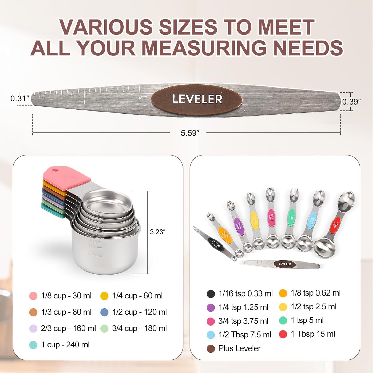 16-Piece Stainless Steel Measuring Cups and Spoons Set, Strong Magnetic Nesting Design 7 Cups 8 Spoons with Leveler, Double Measurement Markings for Dry & Liquid Ingredients, Colorful
