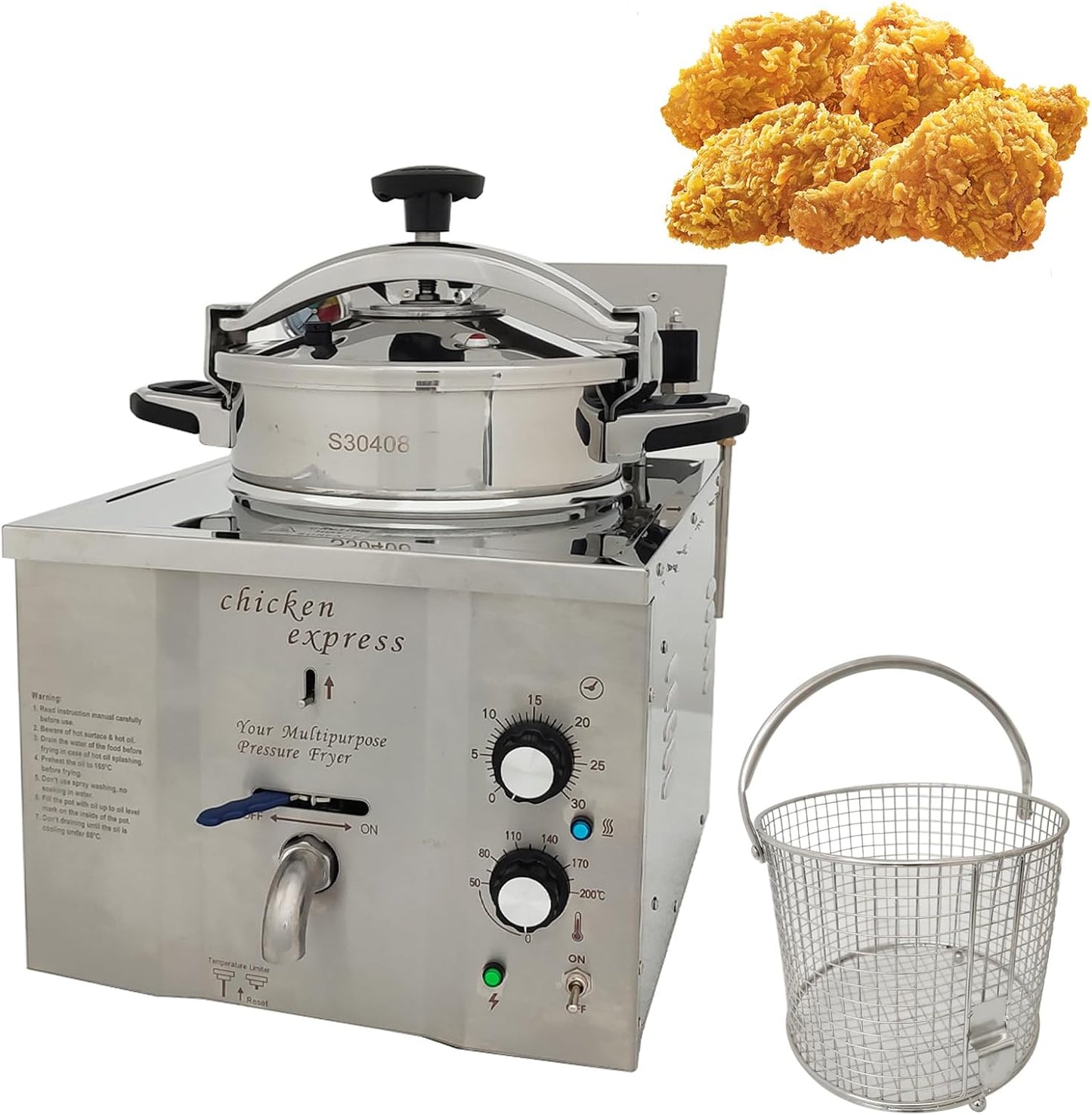 110V 16L Commercial High Pressure Fried Chicken Stove 2.4KW Electric Countertop Pressure Fryer Stainless Steel Kitchen Frying Machine for Snack Bar Restaurant