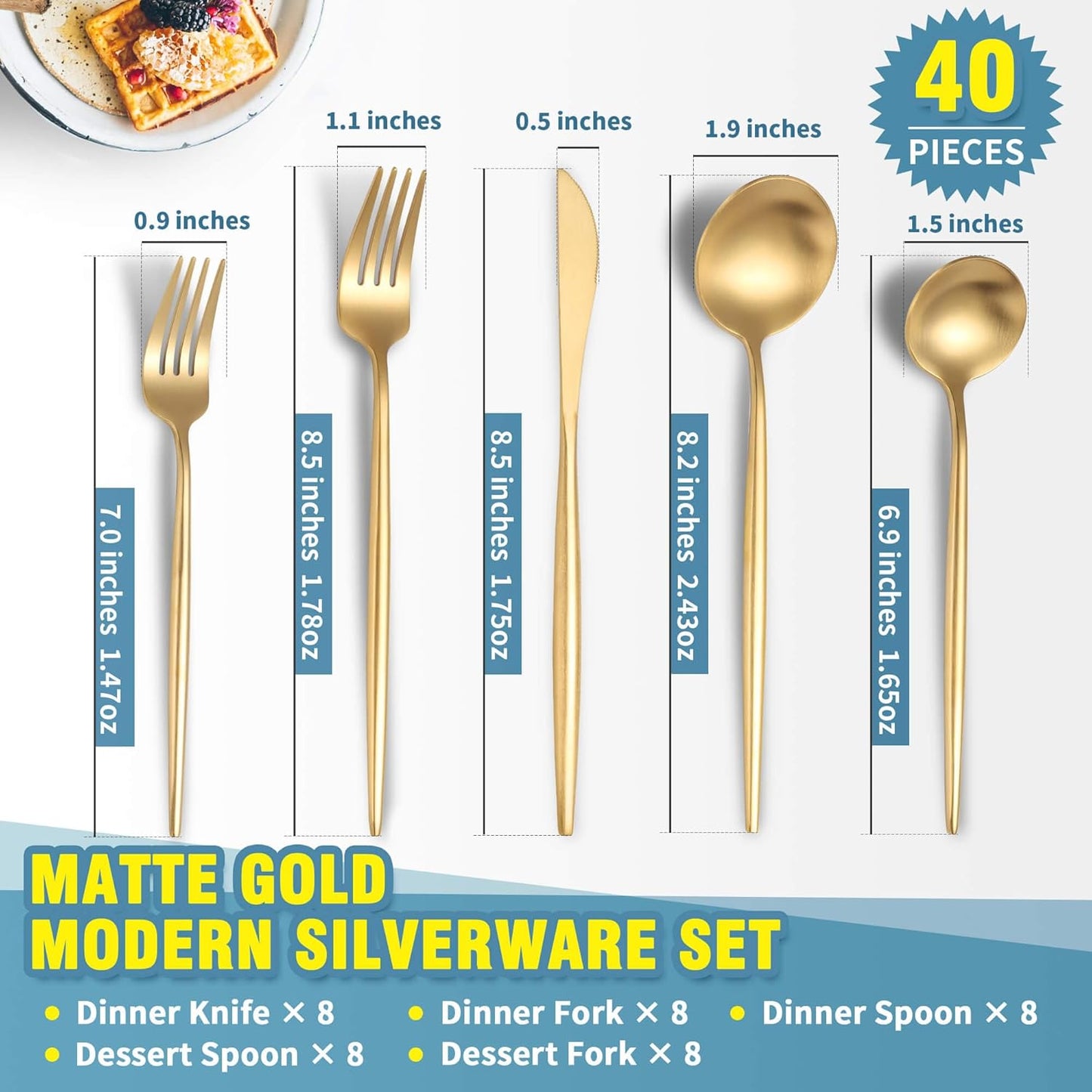 Matte Gold Silverware Set for 8,Modern Stainless Steel Brushed Cutlery Set,40-Pieces Heavy Duty Flatware Set,Knives Spoons and Forks Set Utensils Set,Satin Finish,Dishwasher Safe