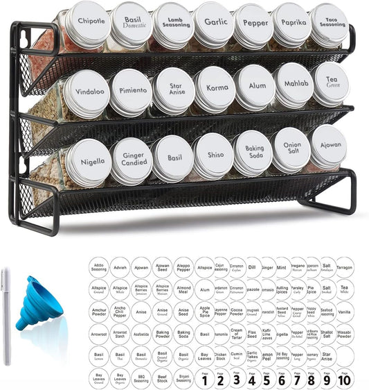 SpaceAid Spice Rack Organizer with 21 Spice Jars, 386 Spice Labels, Chalk Marker and Funnel Set for Cabinet, Countertop, Pantry, Cupboard or Door & Wall Mount - 21 Jars, 13.4" W × 9" H, White