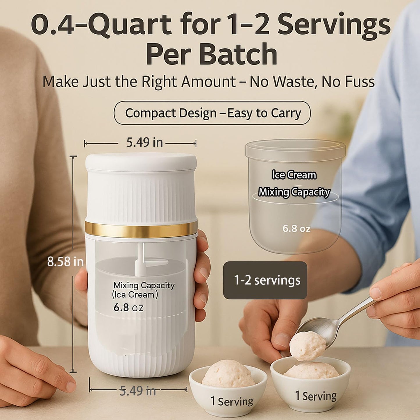 Rechargeable Electric 0.4 Quart Ice Cream Maker S500, Frozen Yogurt, Sorbet & Gelato Maker Machine, Homemade Dessert Maker Machine for 1–2 Servings in in 15-30 Minutes (Gold, 0.4 Quart)