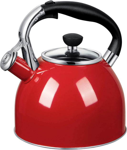 Rorence Whistling Tea Kettle: 2.5 Quart Stainless Steel Kettle with Capsule Bottom & Heat-resistant Glass Lid (Red)