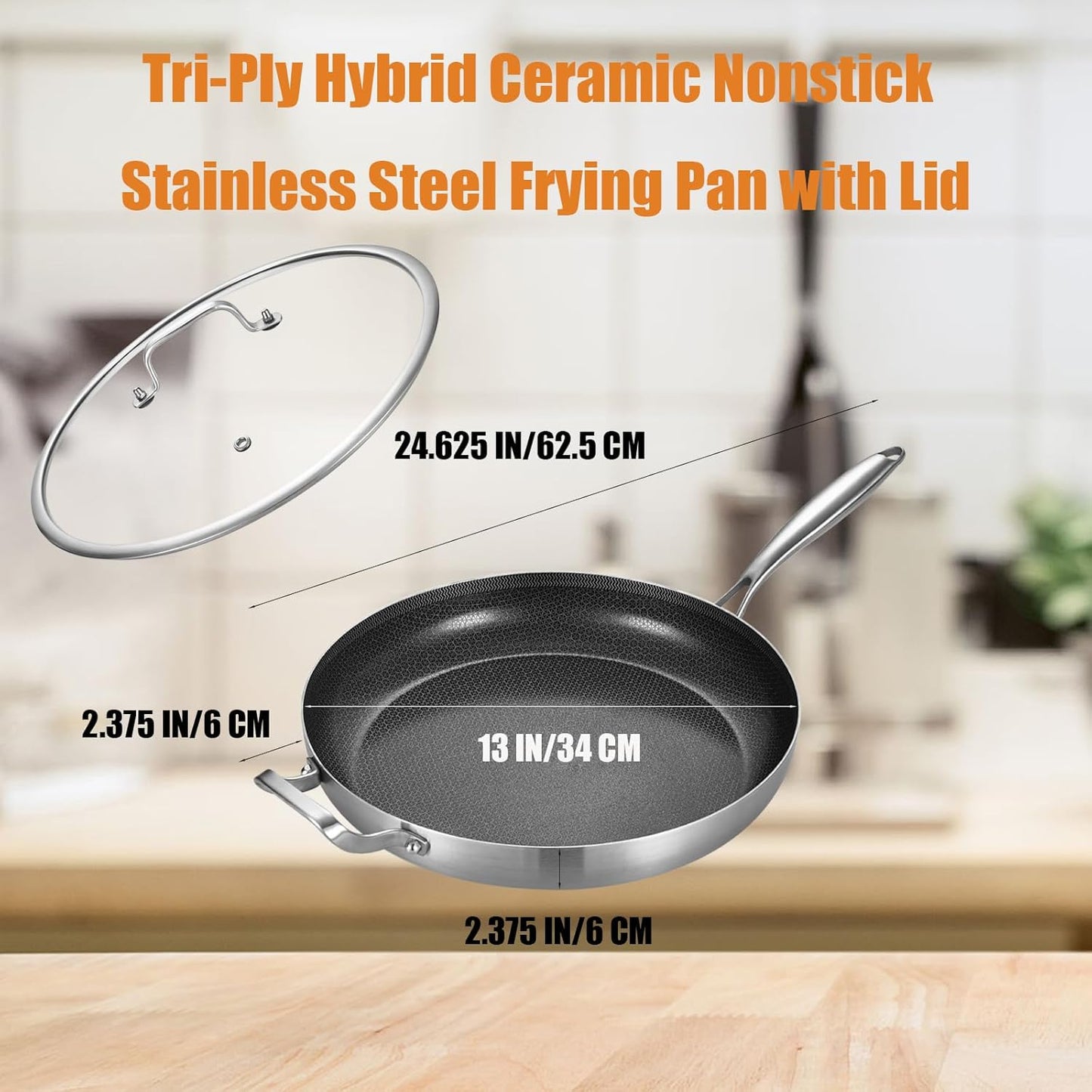 Inqibee 13-Inch Tri-Ply Hybrid Ceramic Non Stick Stainless Steel Frying Pan with Lid,Large Skillet,Induction Chef's Cooking Pan,Dishwasher and Oven Safe,Detachable Handle