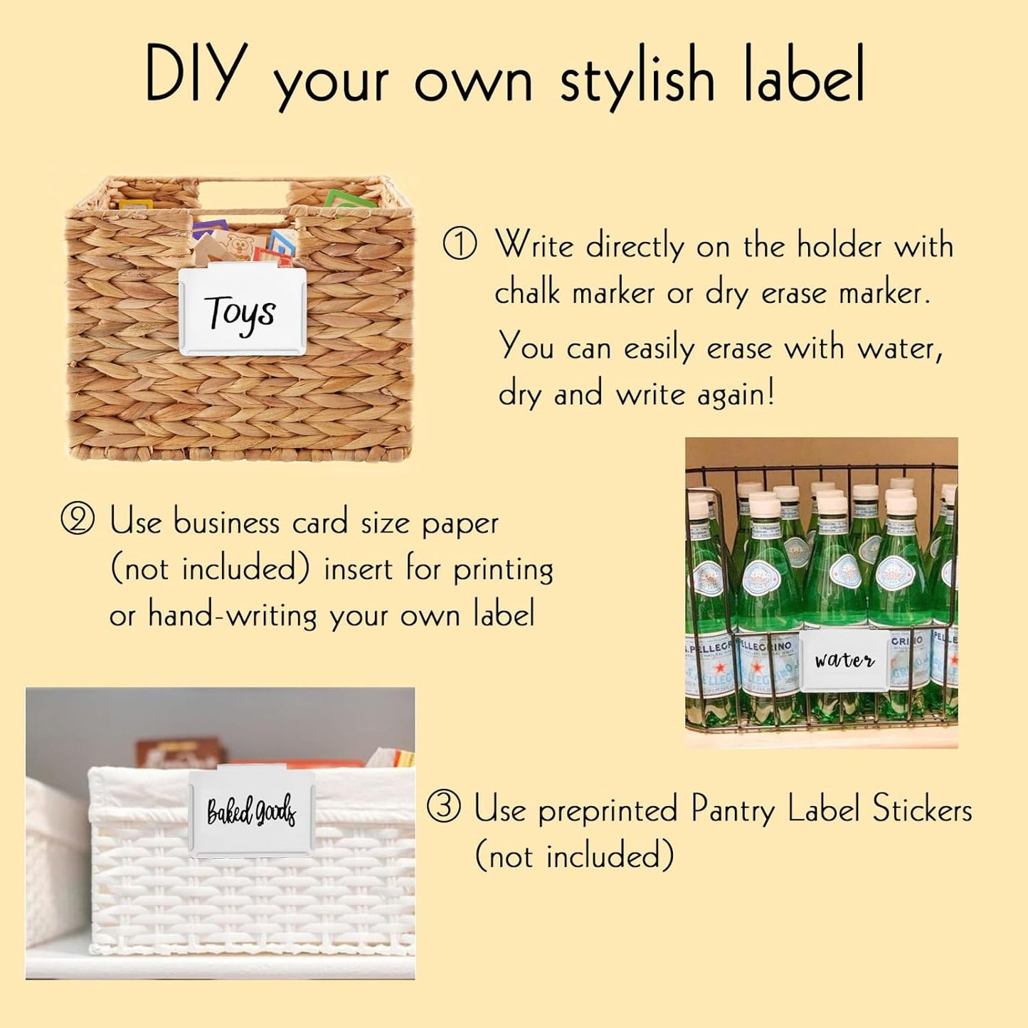 Basket Labels Clip on | Label Holders for Basket or Storage Bins Includes Black Chalk Markers (18 White Holders + 4 Black Chalk Makers)