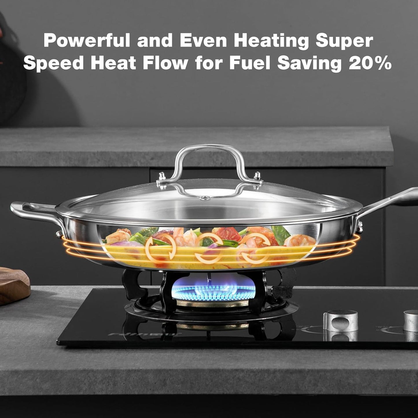 12-Inch Tri-Ply Fully Bonded Stainless Steel Frying Pan with Tempered Glass Lid | Chef's Skillet, Induction Compatible, Dishwasher & Oven Safe