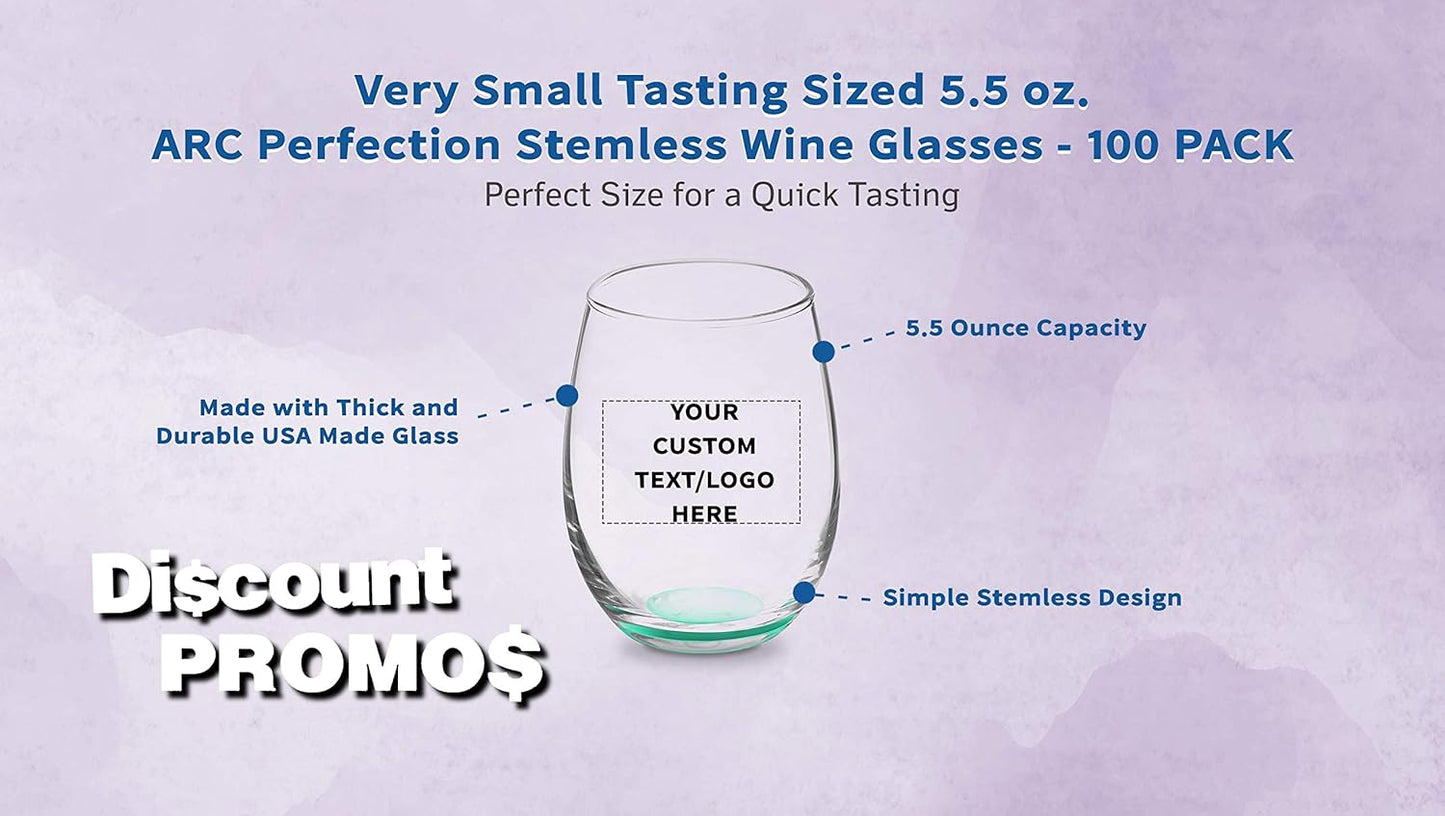 Custom Stemless Wine Glasses by ARC 5.5 oz. Set of 100, Personalized Bulk Pack - Perfect for Hotel, Bar, Restaurant or Lounge - Green