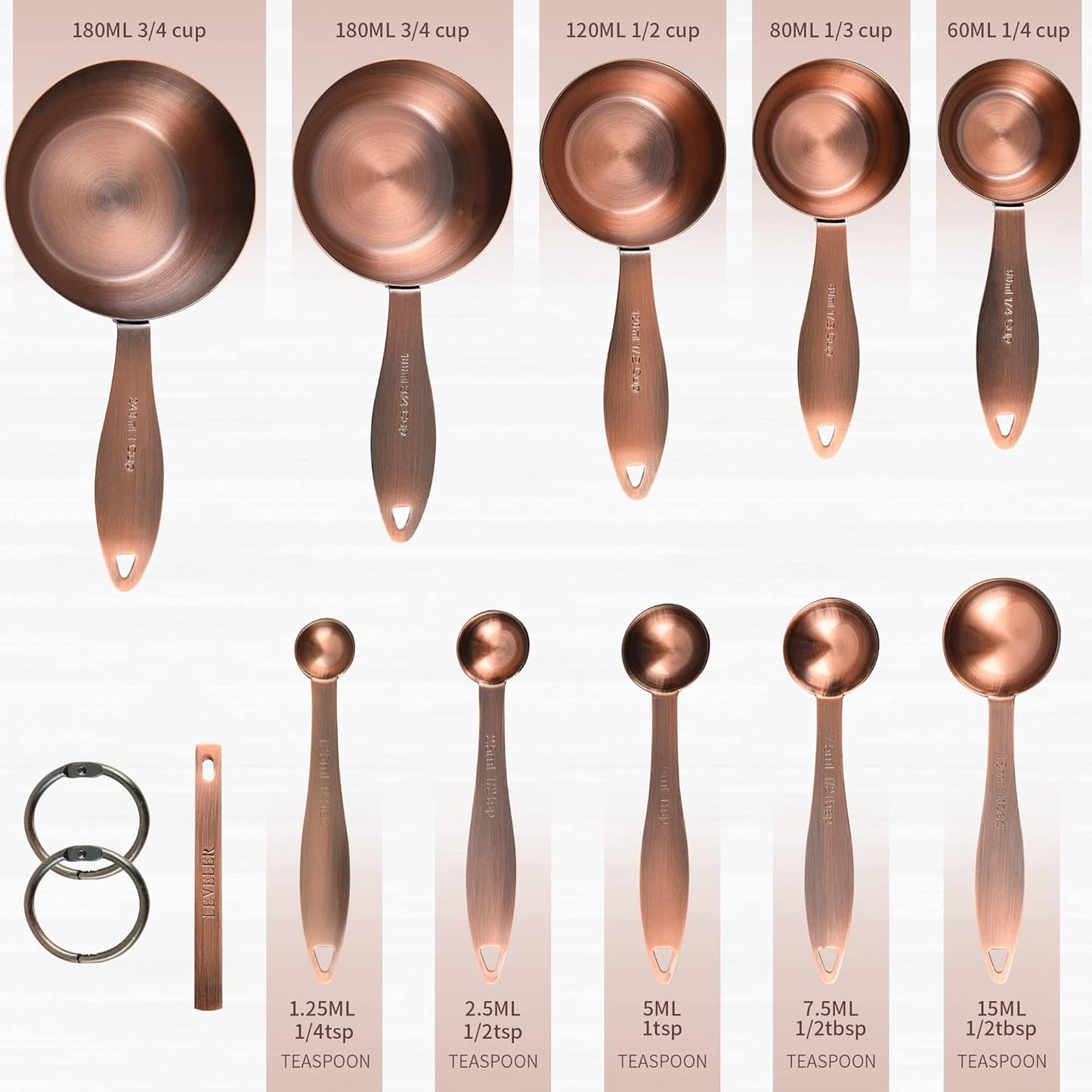 Copper measuring cups and spoons set,Includes 5 Copper Measuring Cups and 5 Measuring Spoons and Measure Ingredient Leveler and Rings（copper）