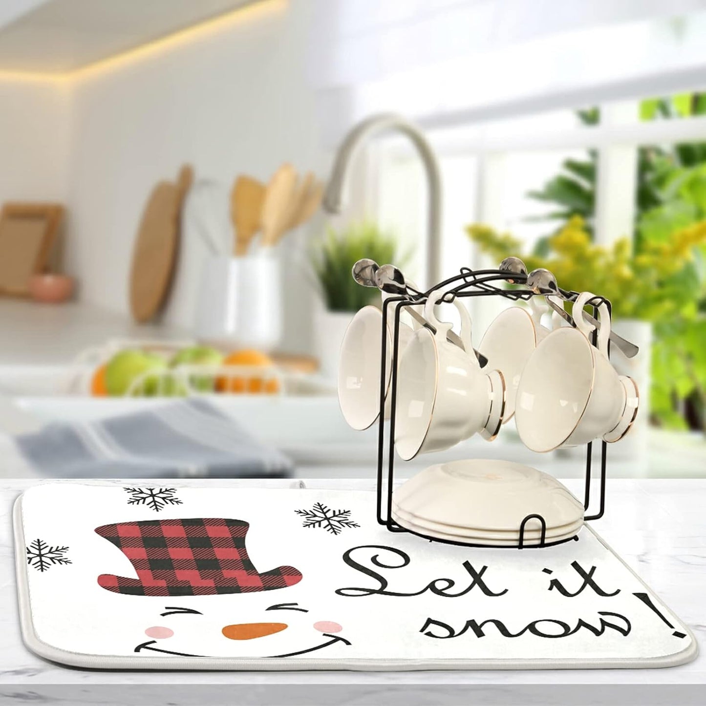 Super Absorbent Dish Drying Mat, Microfiber Fast-Drying Dish Mat, 16" x 18", Kitchen Dish Drying Pad, Watercolor Cute Christmas Winter Snowman