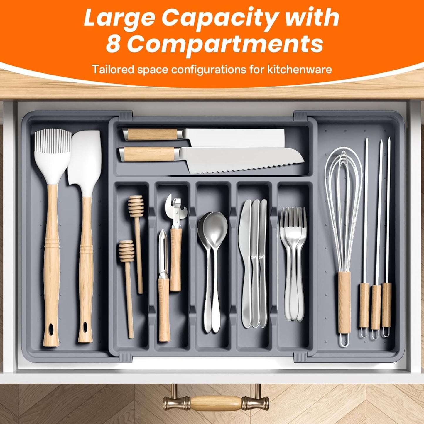 Large Silverware Organizer,Expandable Utensil Drawer Organizer,BPA Free Utensil Holder,Adjustable Silverware Tray Cutlery Drawer Organizer for Kitchen Flatware,Large,Grey,2 Pack