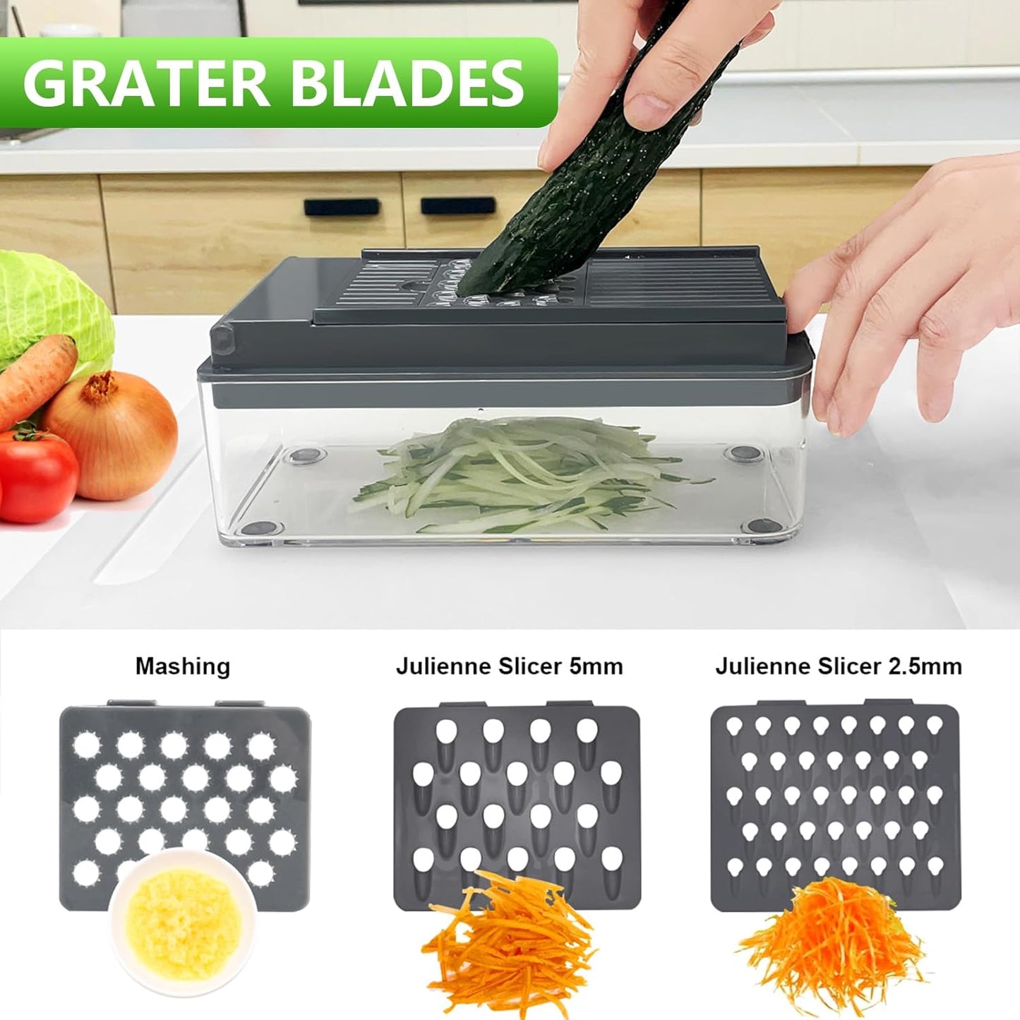 Vegetable Chopper, Onion Chopper Dicer, Mandoline Slicer, Food Chopper with Container, Vegetable Cutter for Salad Potato Carrot Garlic（9 Blades, Grey）