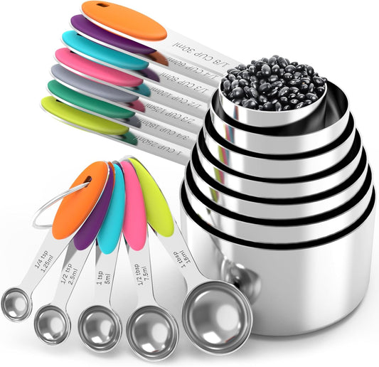 TILUCK Measuring Cups and Spoons Set, Stainless Steel, Kitchen Utensils for Cooking and Baking (12, Colorful)