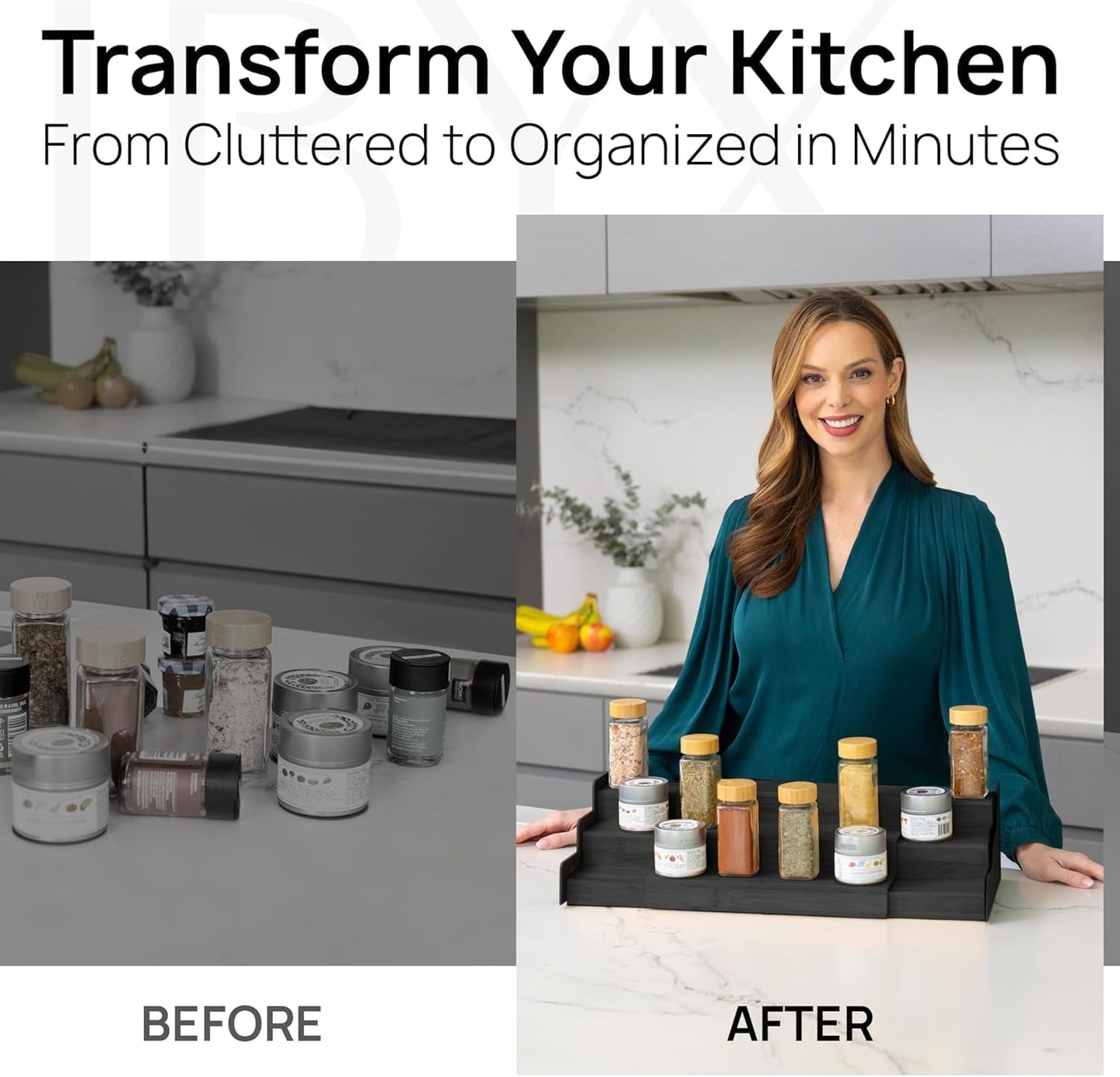 Ibyx Premium 3-Tier Spice Rack Organizer for Cabinet - Expandable Bamboo Spice Storage - Non-Skid Countertop Step Spice Shelf - Great for Kitchen Cabinet, Countertop, Cupboard, Pantry (Black)