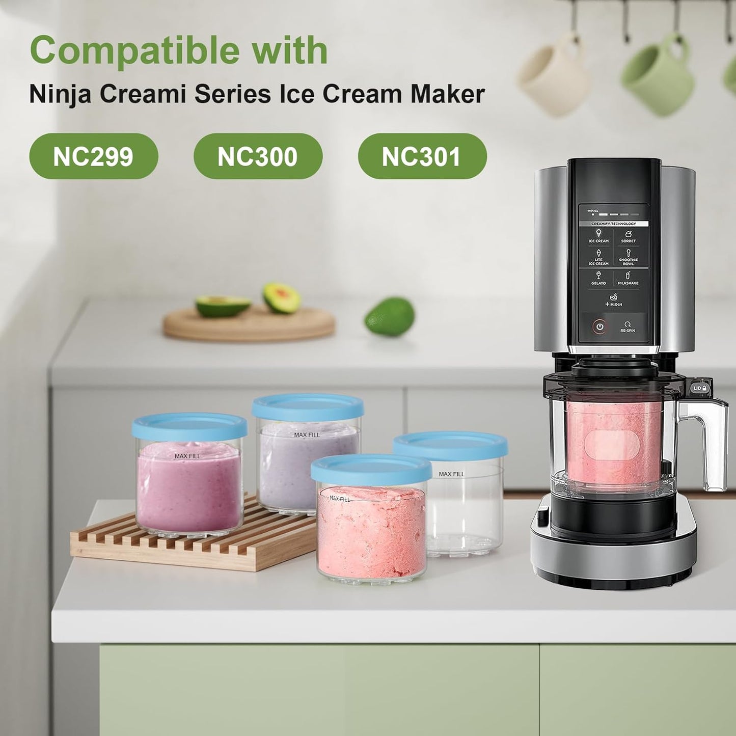 4 Pack Creami Pint Containers and Lids for Ninja with 4 Spoons and Writable Labels, Compatible with Ninja NC299 NC300 NC301 Series Creami Maker Machine Accessories, BPA Free & Dishwasher Safe, Blue