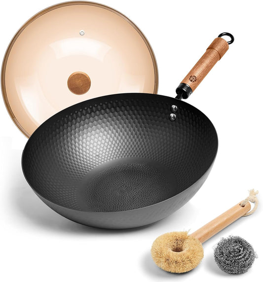 WANGYUANJI 12.6-Inch Wok Pan with Lid, Flat Bottom Wok with Detachable Wooden Handle, Compatible with All Stovetops
