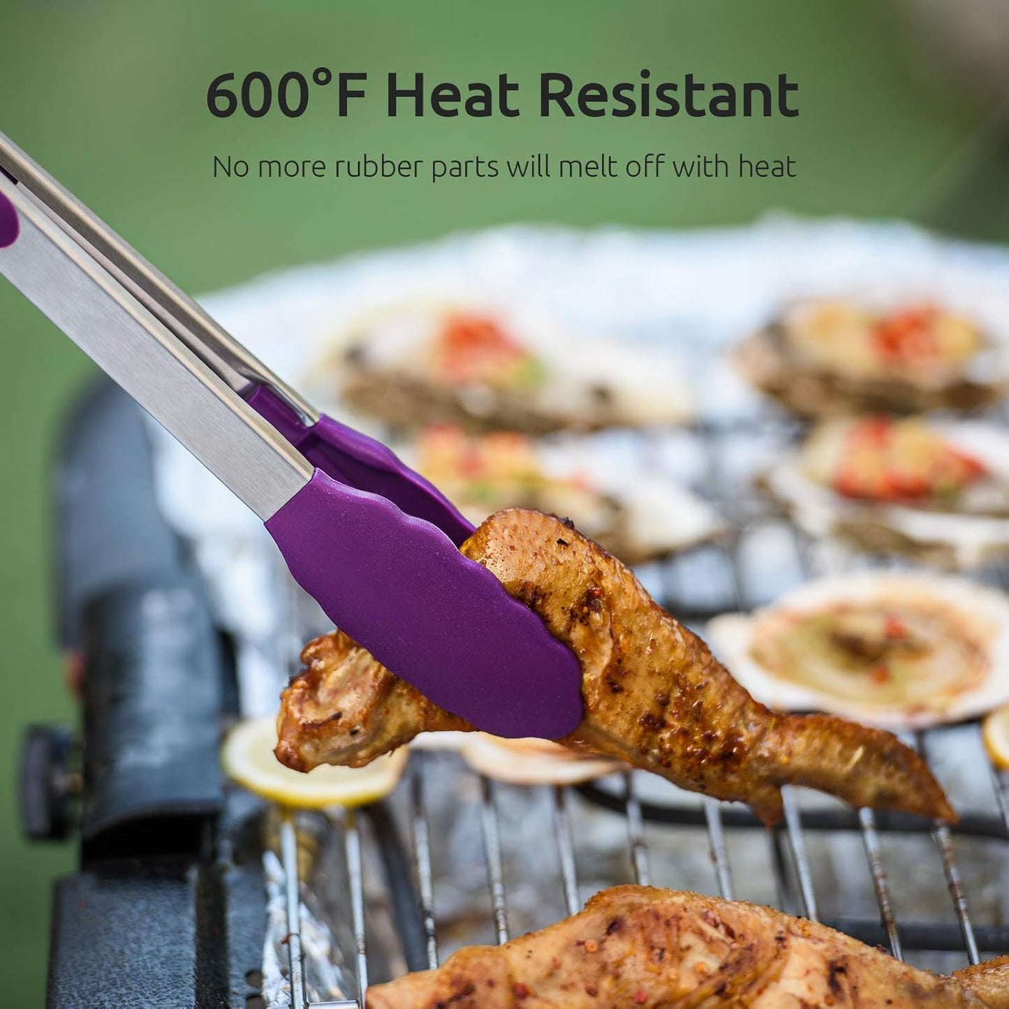 U-Taste Kitchen Tongs, 7/9/12 inches Cooking Tongs, with 600ºF High Heat-Resistant Non-Stick Silicone Tips, 18/8 Stainless Steel Handle, for Food Grill, Salad, BBQ, Frying, Serving, Pack of 3(Purple)