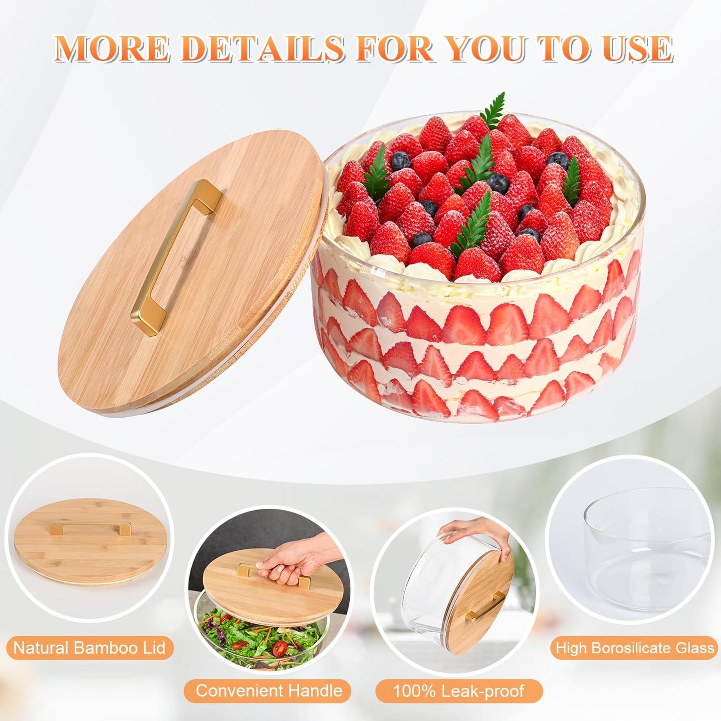 9 inch Large Salad and Trifle Bowl Glass with Lid, 155 oz Versatile Mixing and Serving Dish for Fruit, Laying Ice Cream, Cake, Cupcake, Baking, and Dessert, Microwave Safe