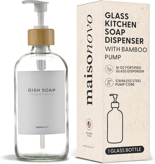 MaisoNovo Glass Hand Soap Dispenser | Dish Soap Dispenser for Kitchen | 16.9oz Clear Bottles with White Bamboo Pump | Bathroom Lotion Dispenser