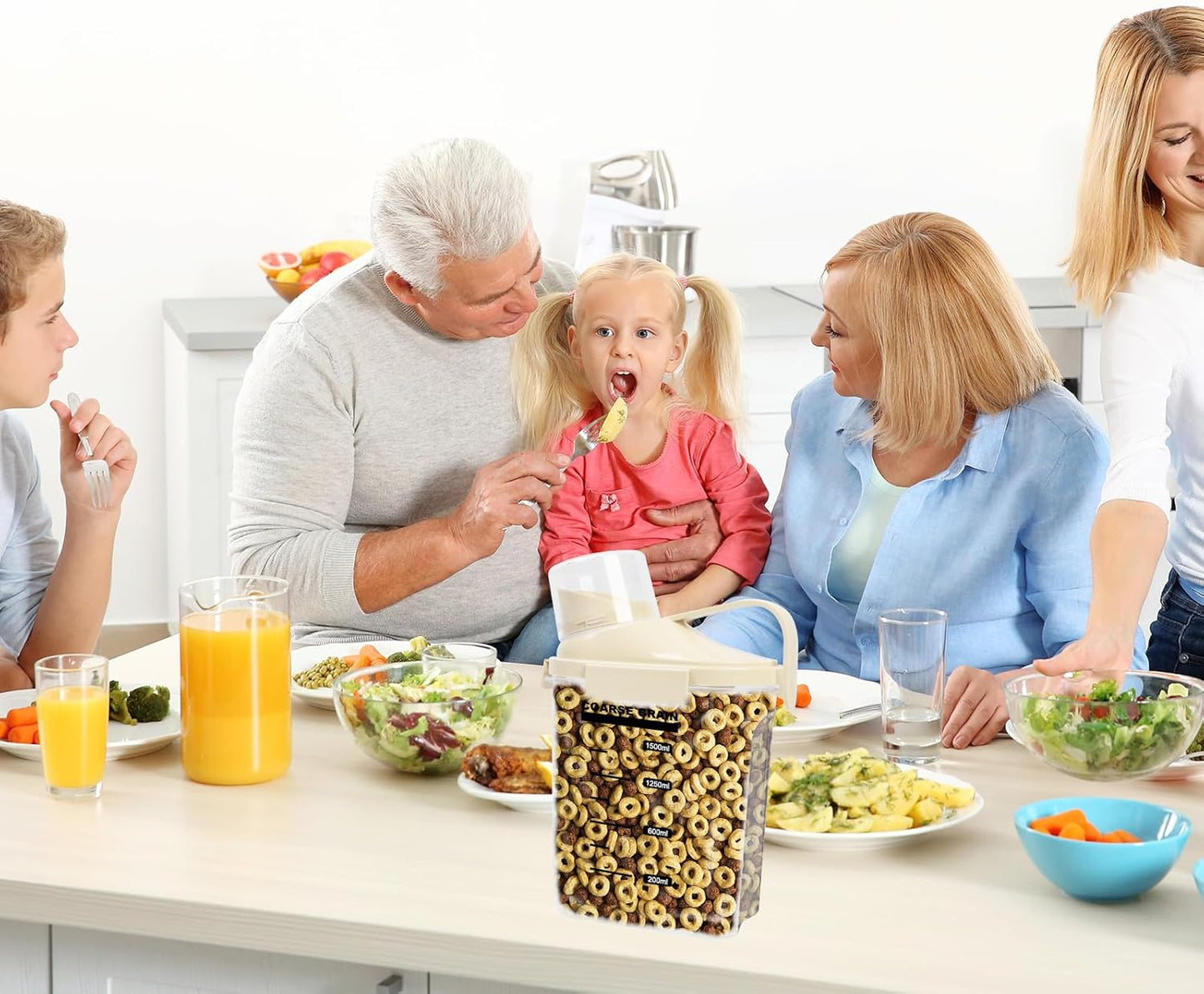 1 PCS Airtight Dry Food Container, Clear BPA-Free Plastic Cereal Containers Storage for Kitchen Pantry, Rice Cereal Flour Holder with Pouring Spout Measuring Cup, White, 51fl.oz/1.5L