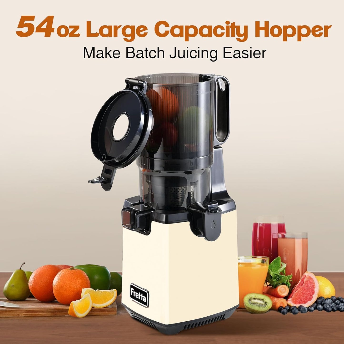 Cold Press Juicer Machines, Fretta 5.3'' Self Feeding Slow Masticating Juicers Fit Whole Fruits & Vegetable Easy Clean Juice Extractor,Tritan Material BPA Free, 250W, White