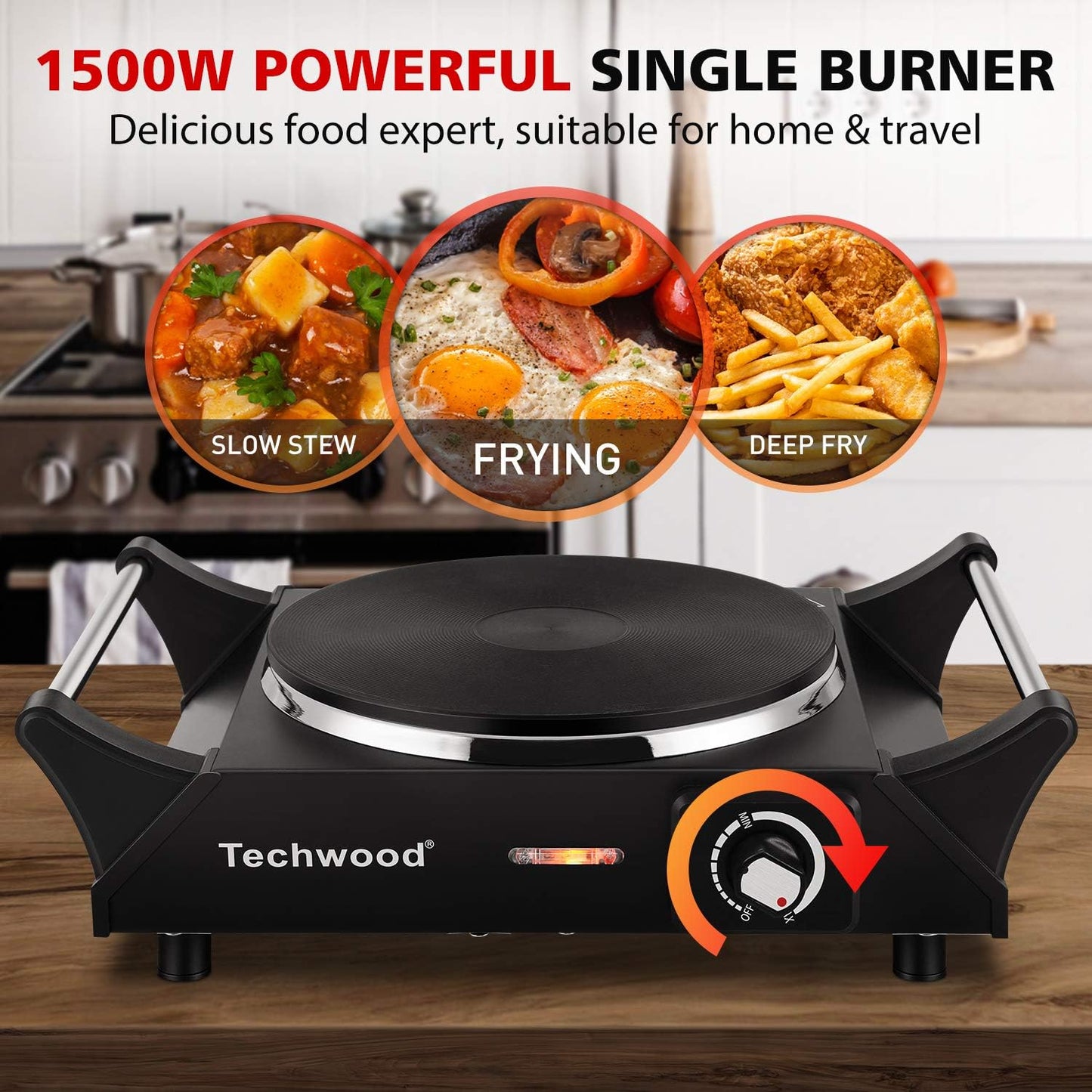 Techwood Hot Plate Portable Electric Stove 1500W Countertop Single Burner with Adjustable Temperature & Stay Cool Handles, 7.3” Cooktop for Dorm Office/Home/Camp, Compatible for All Cookwares