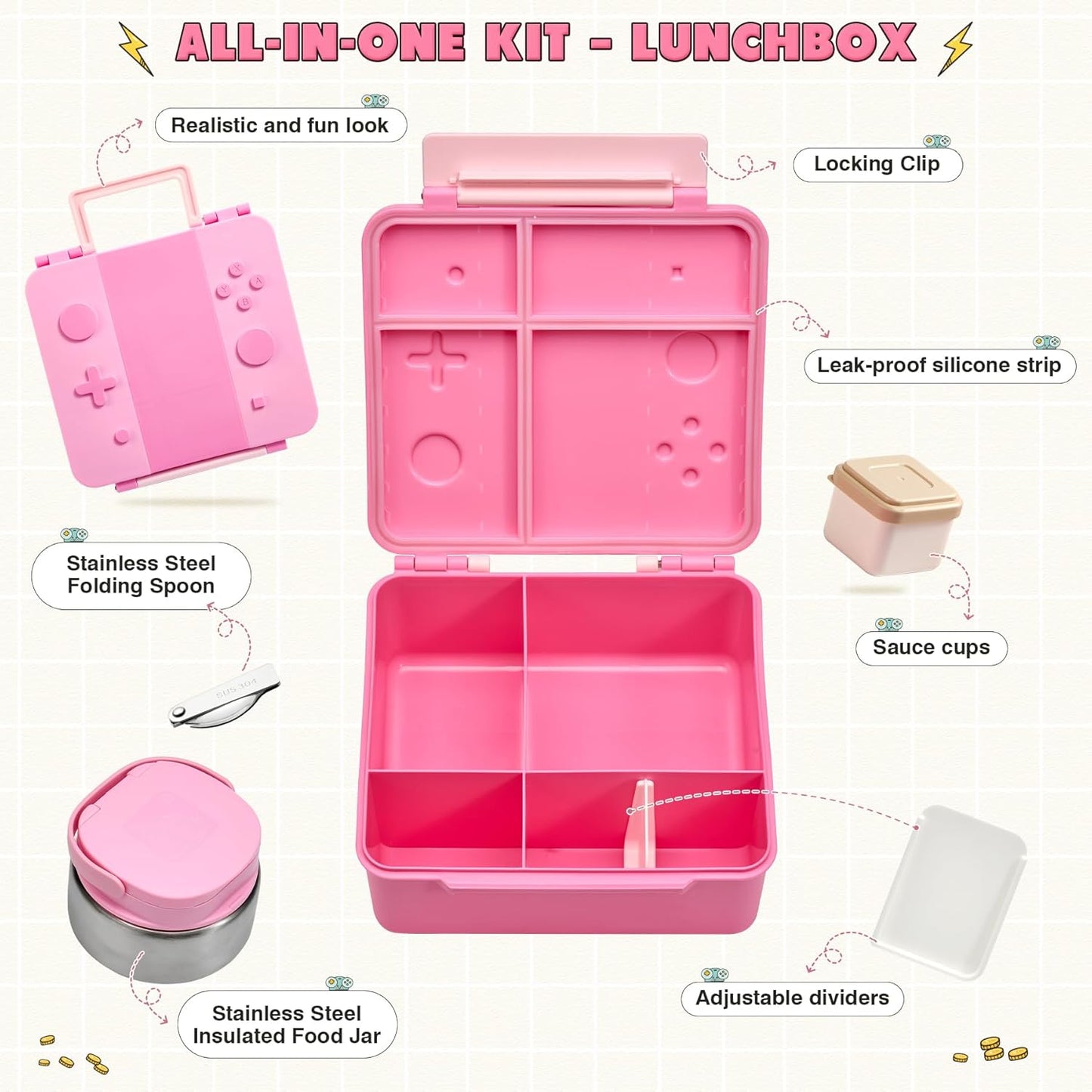 Game Bento Box for Kids, Lunch Box with Thermo(9oz Food Jar), Folding Spoon, Removable Divider & Sauce Cup, Lunch Box Kids for School,Travel, BPA-Free & Realistic Shape (Pink)