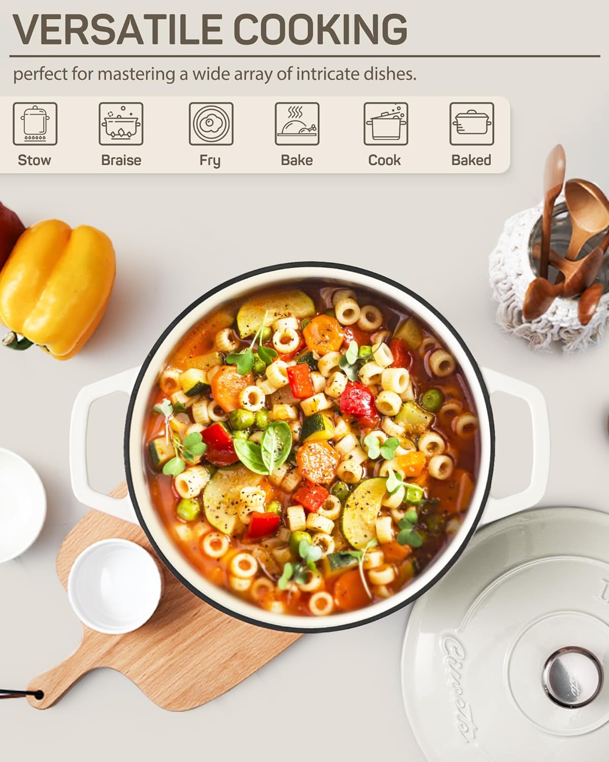 6 QT Dutch Oven Pot with Lid, Enameled Cast Iron Dutch Oven for Bread Making, Braiser, Cooking, Dual Handles, Oven Safe up to 500° F or on Stovetop, Gifts for Family - Off White