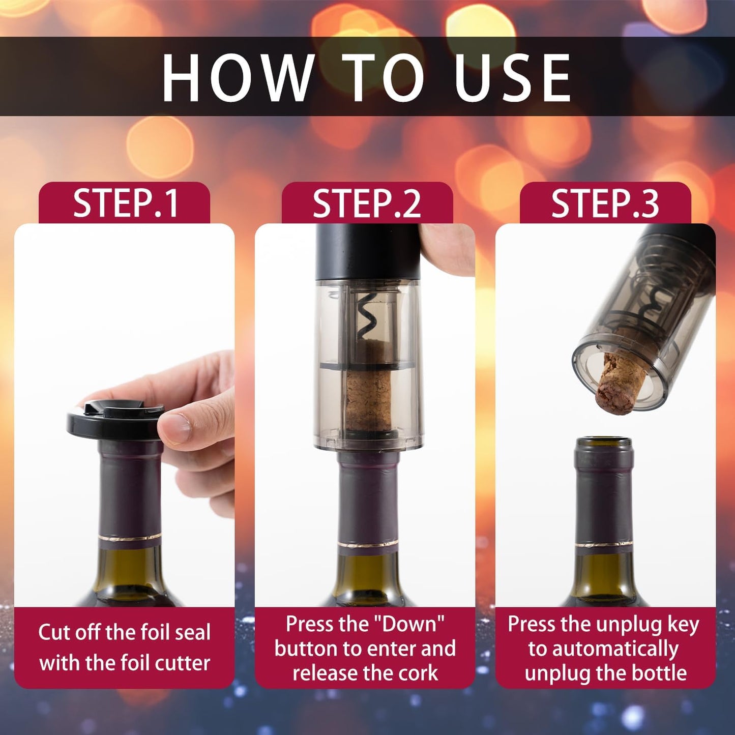 Electric Wine Opener, Automatic Wine Bottle Opener with Foil Cutter & Rechargeable, One-Click Button Electric Corkscrew Wine Opener for Home, Kitchen, Party, Wedding, Ideal Present for Lover-Black