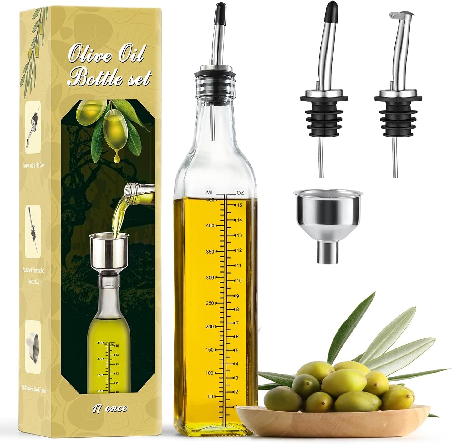 AOZITA 17oz Glass Olive Oil Dispenser Bottle - 500ml Clear -Oil & Vinegar Cruet with Pourers and Funnel - Olive Oil Carafe Decanter for Kitchen
