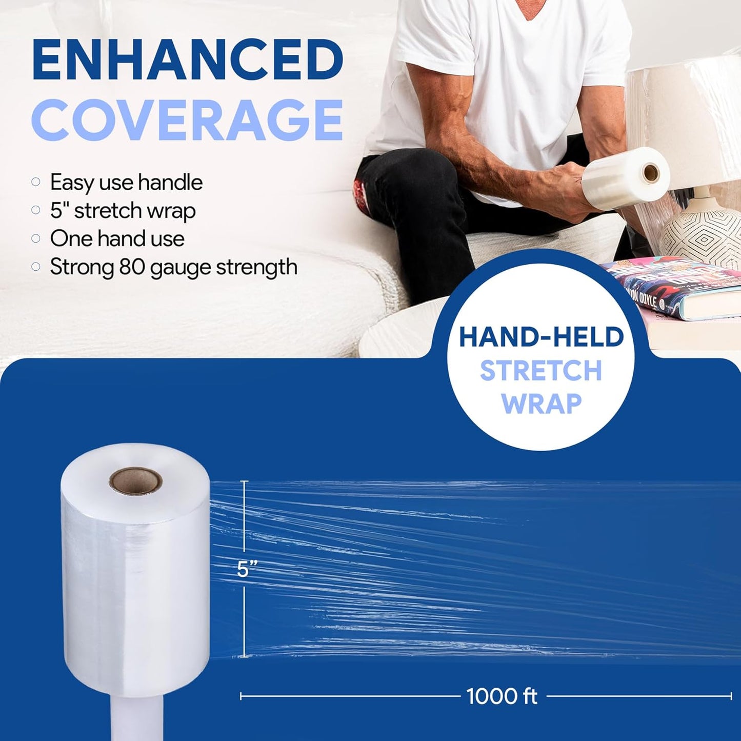 International Plastics Co. 2 Pack of 5" Plastic Stretch Film Wrap with Handles 1000 feet Each 500% Stretch Ability