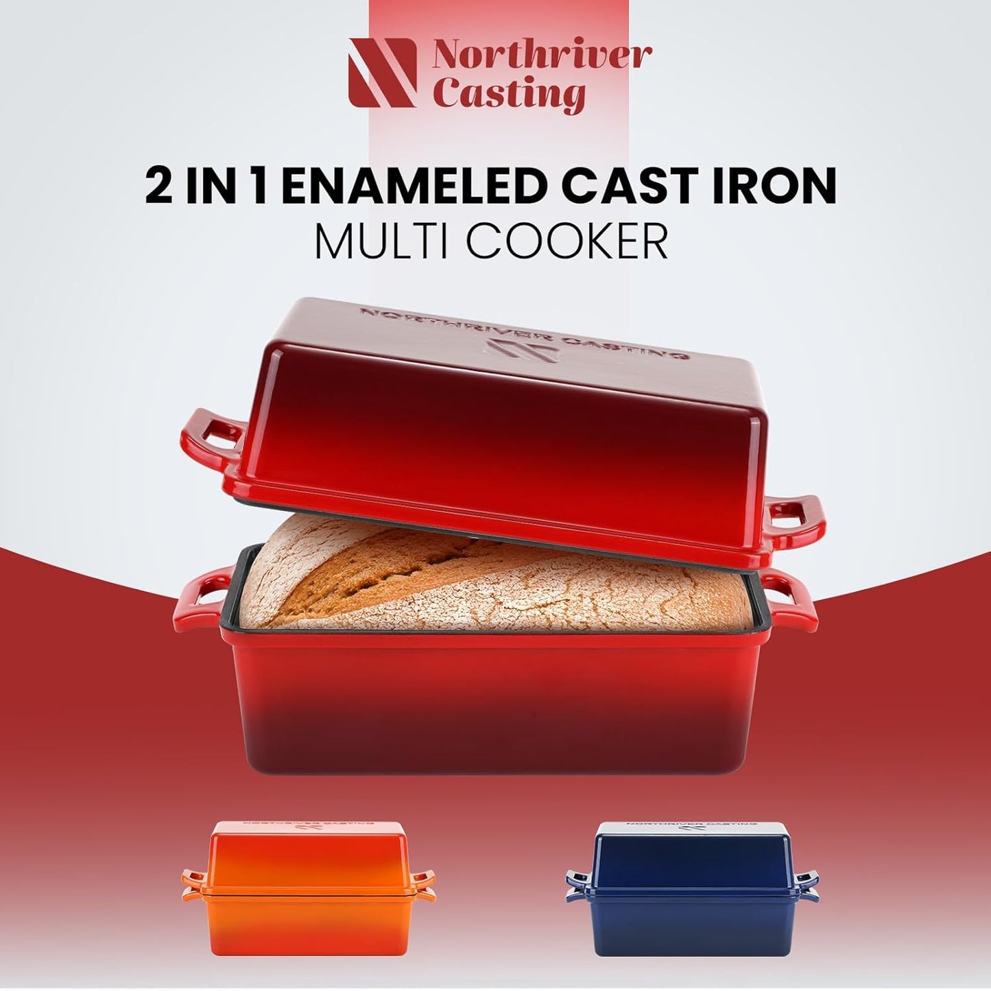 9x5 Inch Enameled Cast Iron Loaf Pan with Lid, Perfect Bread Baking Pan | Even Heat Distribution for Homemade Bread, Cake, Meatloaf，2 Piece set，Red