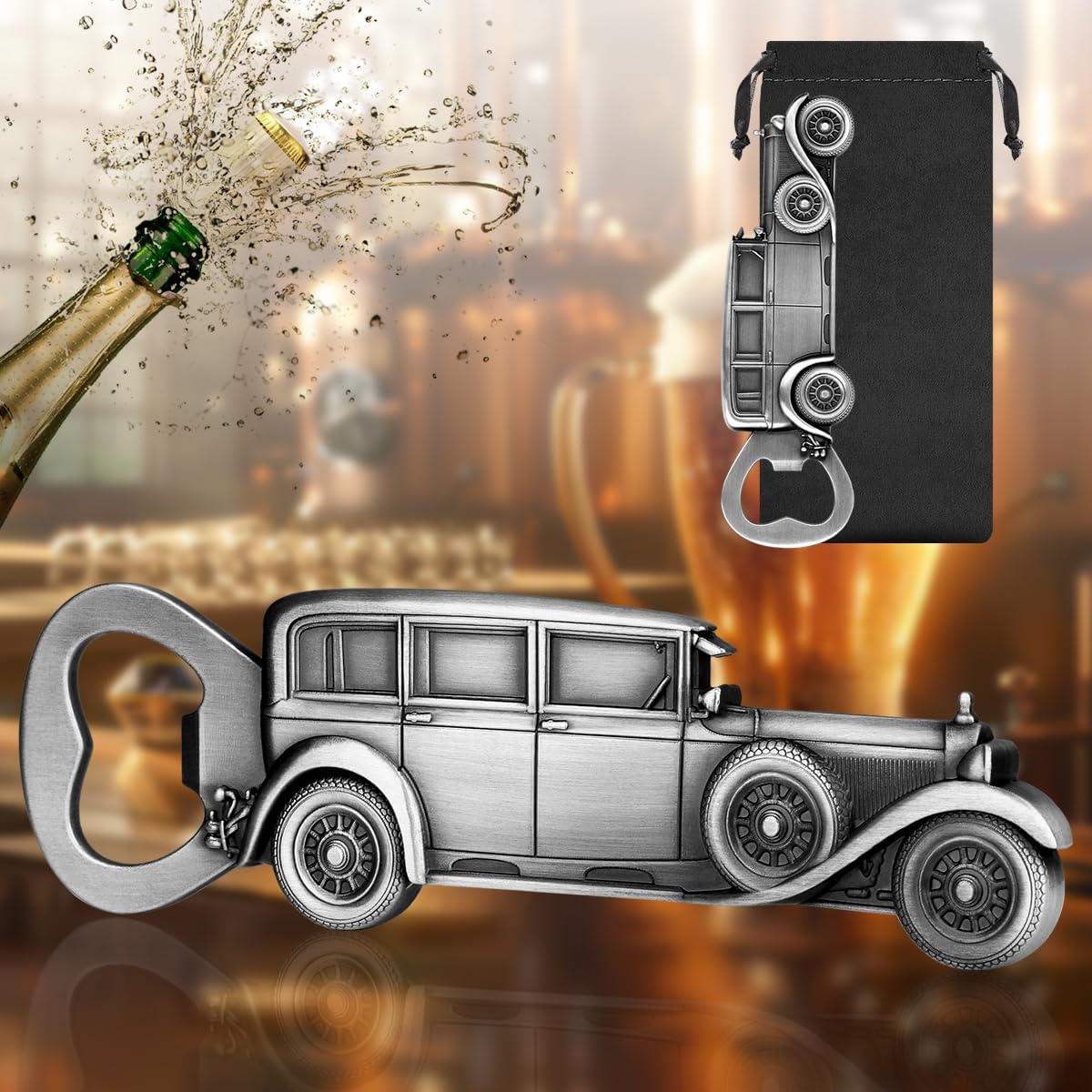 LKKCHER Car Bottle Opener, Classic Car Gifts for Men Him, Birthday Fathers Day Christmas Gifts for Men Dad Grandpa, Vintage Beer Accessories, Silver with Gift Bag