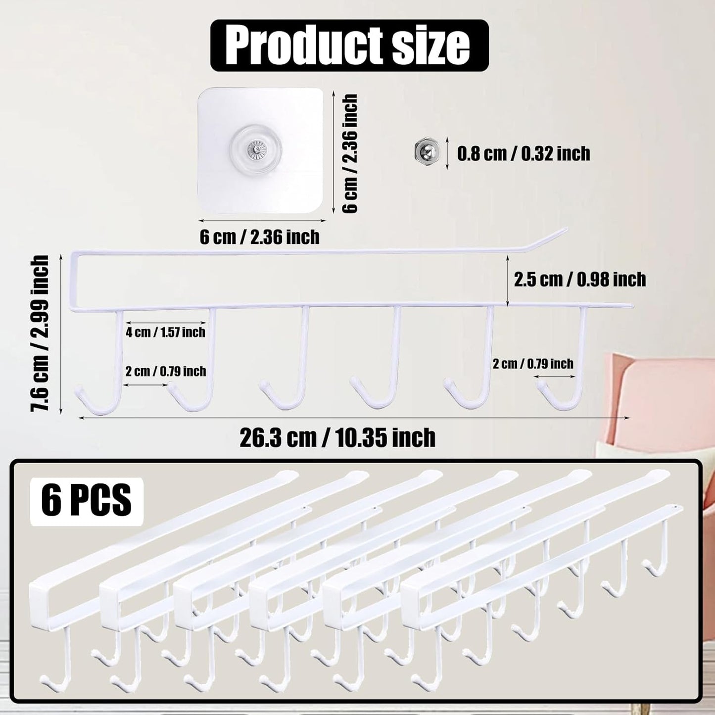 6PCS Mug Hooks Under Cabinet,Mug Holder Under Shelf,Coffee Cups Holder Hanger with 6 Hooks for Kitchen Utensils,Fit for 0.95 inch Thickness or Less,Drilling Free (White)