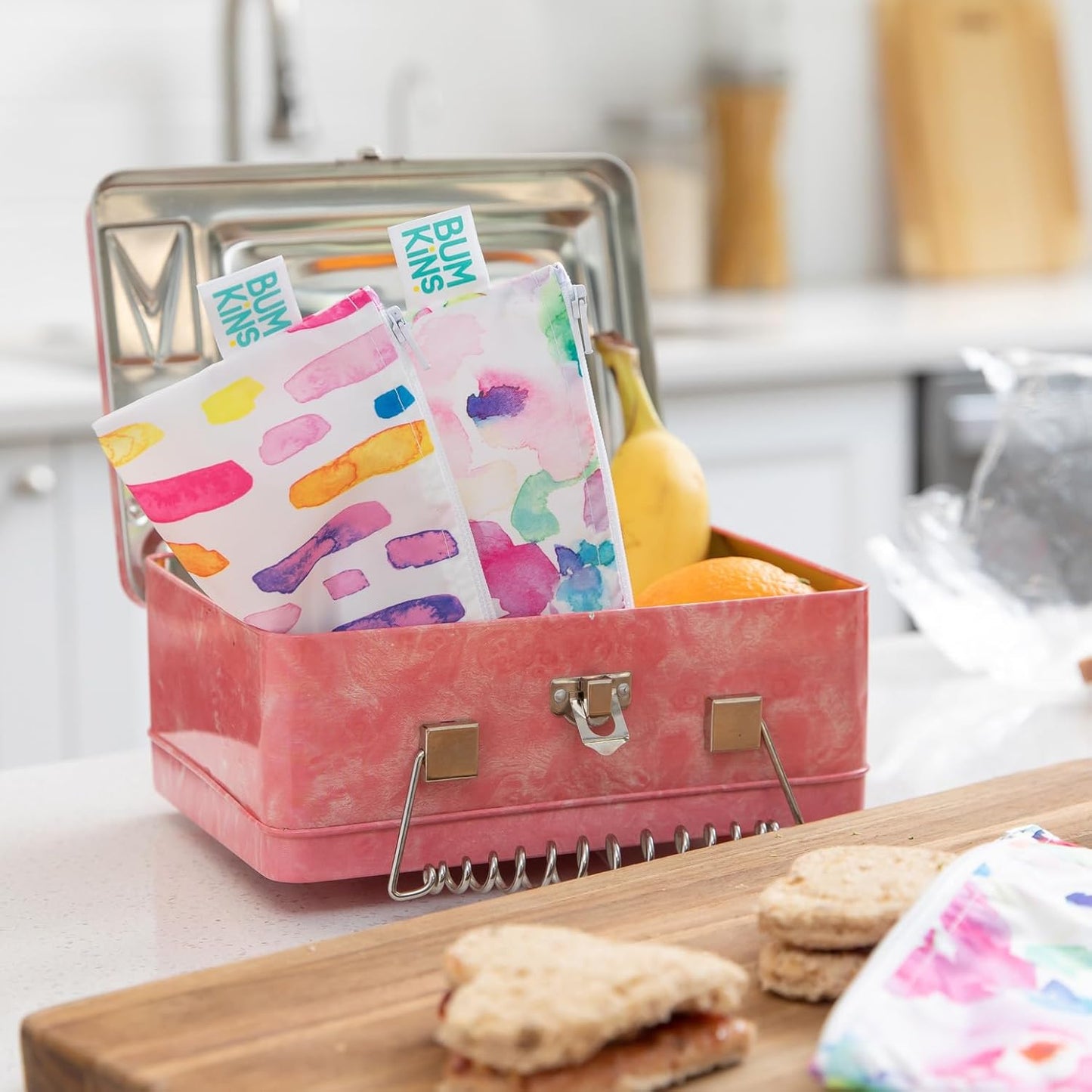 Bumkins - Cloth Snack & Sandwich Bags - For Storage, Travel, Food Prep, Lunch - Reusable, Water Resistant, Dishwasher Safe - Snack Bags for Kids - Zipper Closure - Watercolors & Brushstrokes - 4 Pack