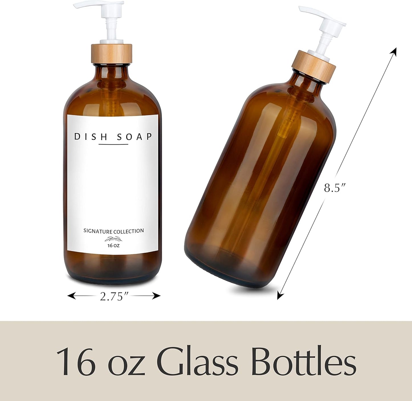 Emerson Glass Soap Dispenser Set - Kitchen & Bathroom, 16 Oz, 2 Pack with Pump and Labels