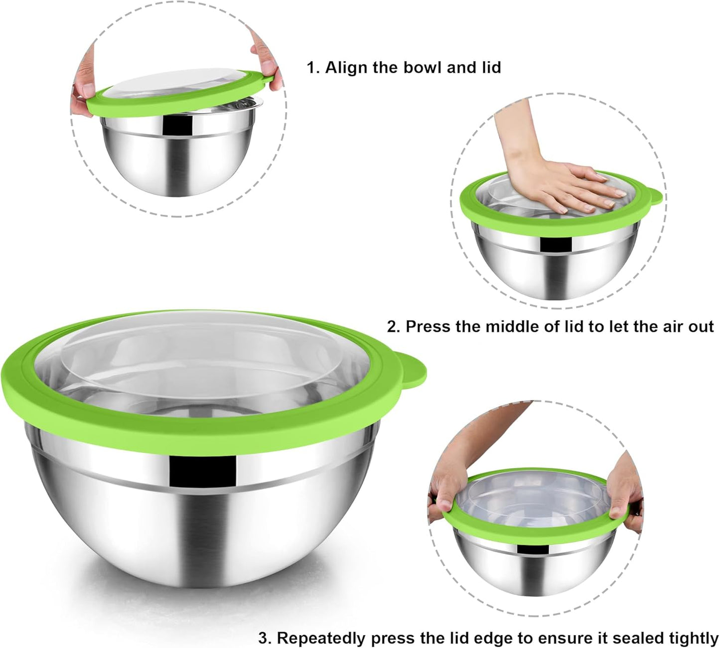 TeamFar Mixing Bowls, 4.5/3/1.5 QT Stainless Steel Nesting Salad Bowls with Airtight Lids, For Serving/Mixing/Storing/Prepping, Non-Toxic & Sturdy, Visible & Easy Clean, Multi-Color, Set of 3