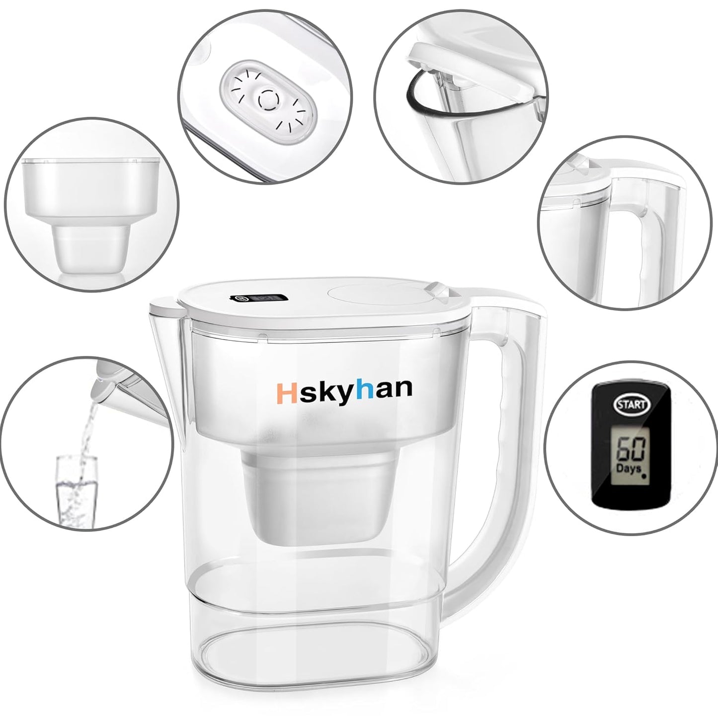 Hskyhan Alkaline Water Filter Pitcher - 3.8 Liters Improve PH, 2 Long Lasting Cartridge Included, BPA Free, 7 Stage Filtration System to Purify, White