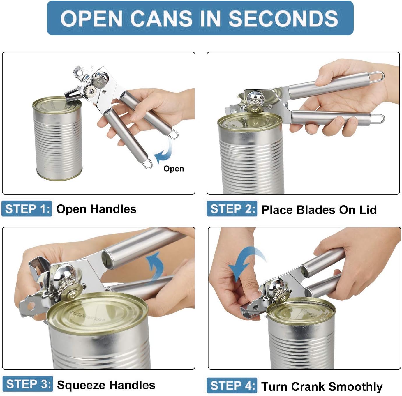 Stainless Steel Can Opener Manual Food-safe Good Grips with Built-in Bottle Opener Smooth Edge Stainless Steel Sharp Blade Safe Cover for Beer/Tin/Bottle, Food Grade-Silver
