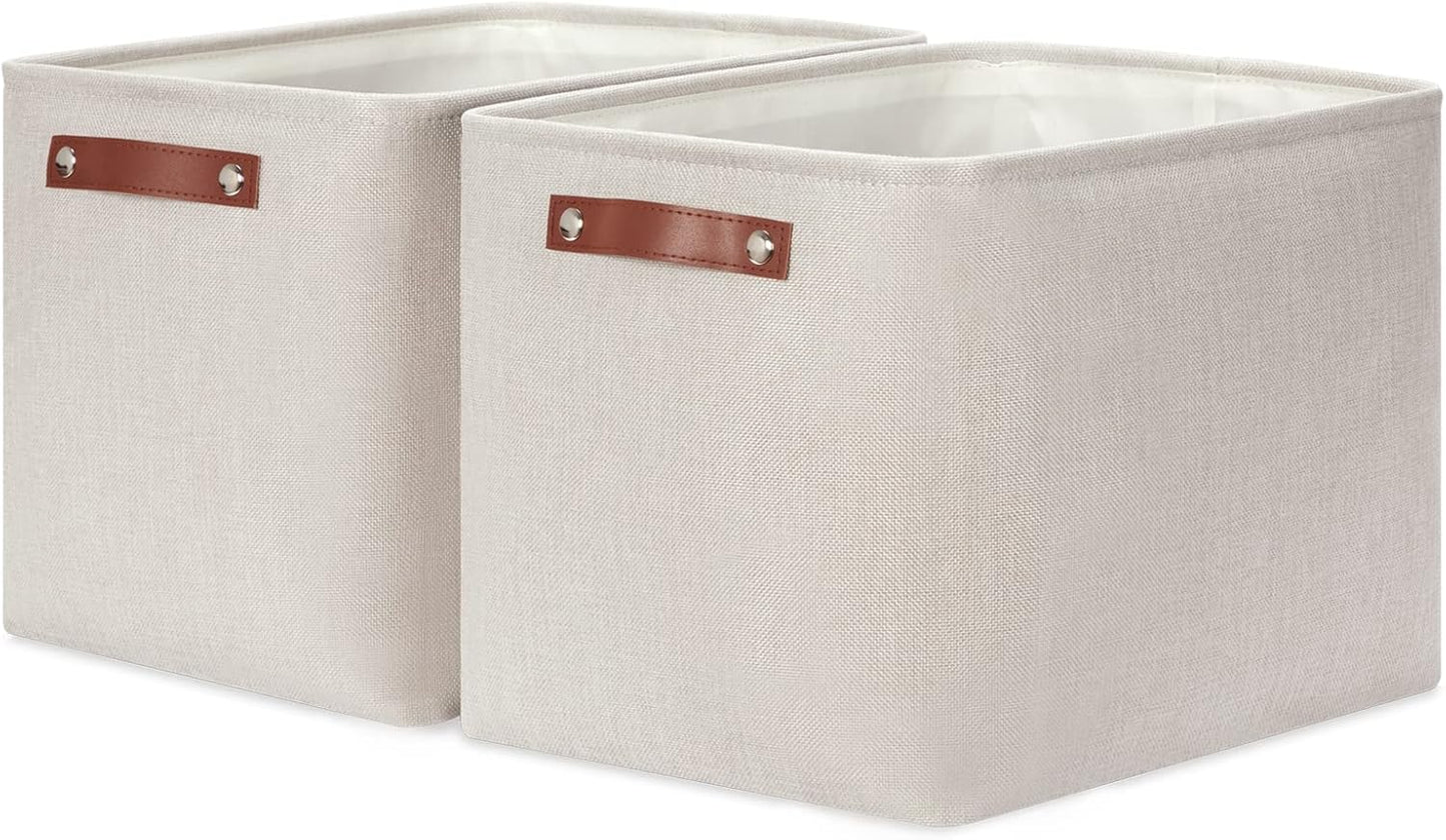 HNZIGE Large Canvas Baskets 16"×11.8"×11.8" Decorative Storage Bins with Leather Handles (2 Pack) Collapsible Rectangle Storage Baskets for Organizing Clothes, Toy, Books, Sundries, Tools(Cream)