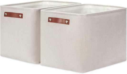 HNZIGE Large Canvas Baskets 16"×11.8"×11.8" Decorative Storage Bins with Leather Handles (2 Pack) Collapsible Rectangle Storage Baskets for Organizing Clothes, Toy, Books, Sundries, Tools(Cream)